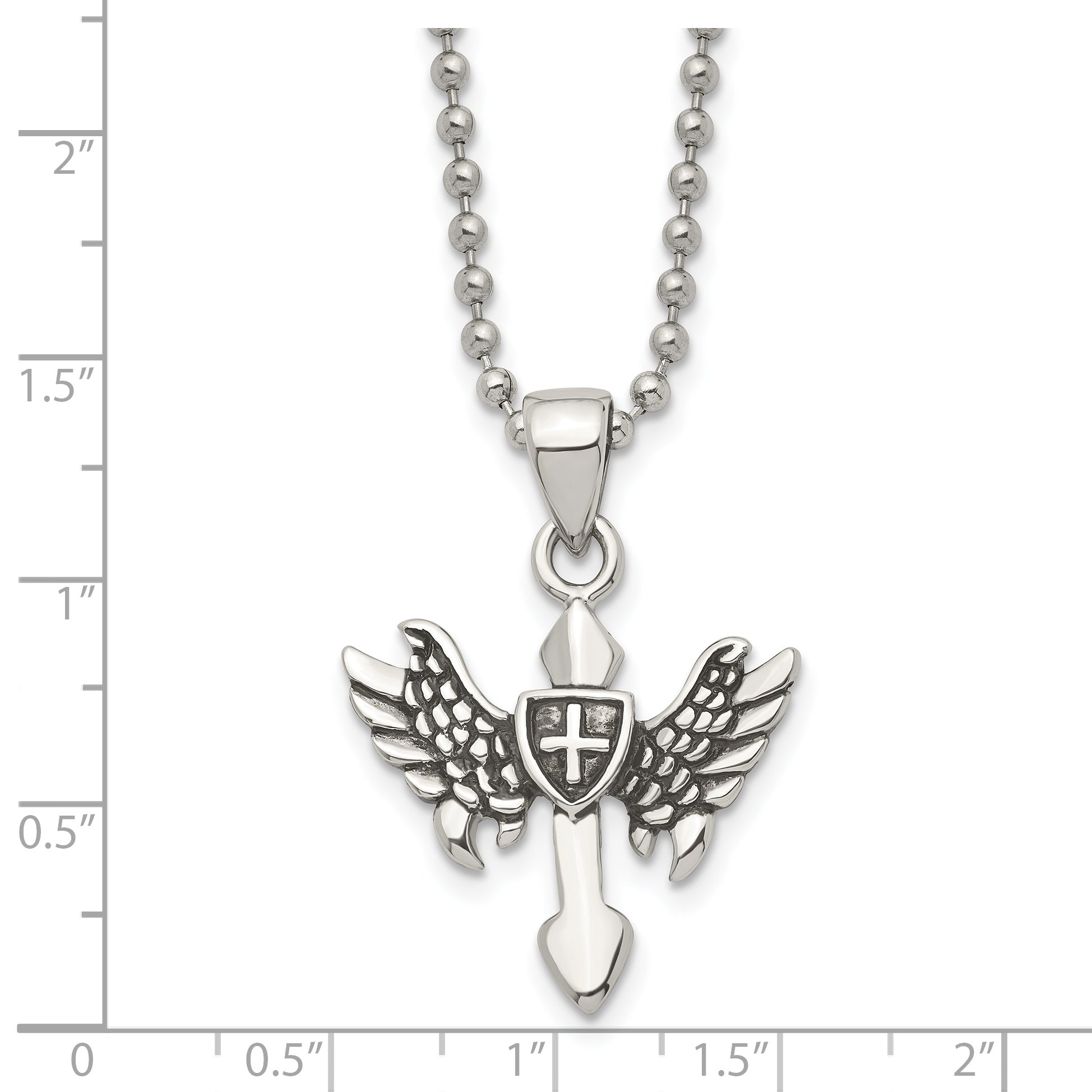 Chisel Stainless Steel Antiqued and Polished Cross with Wings Pendant on a 20 inch Ball Chain Necklace