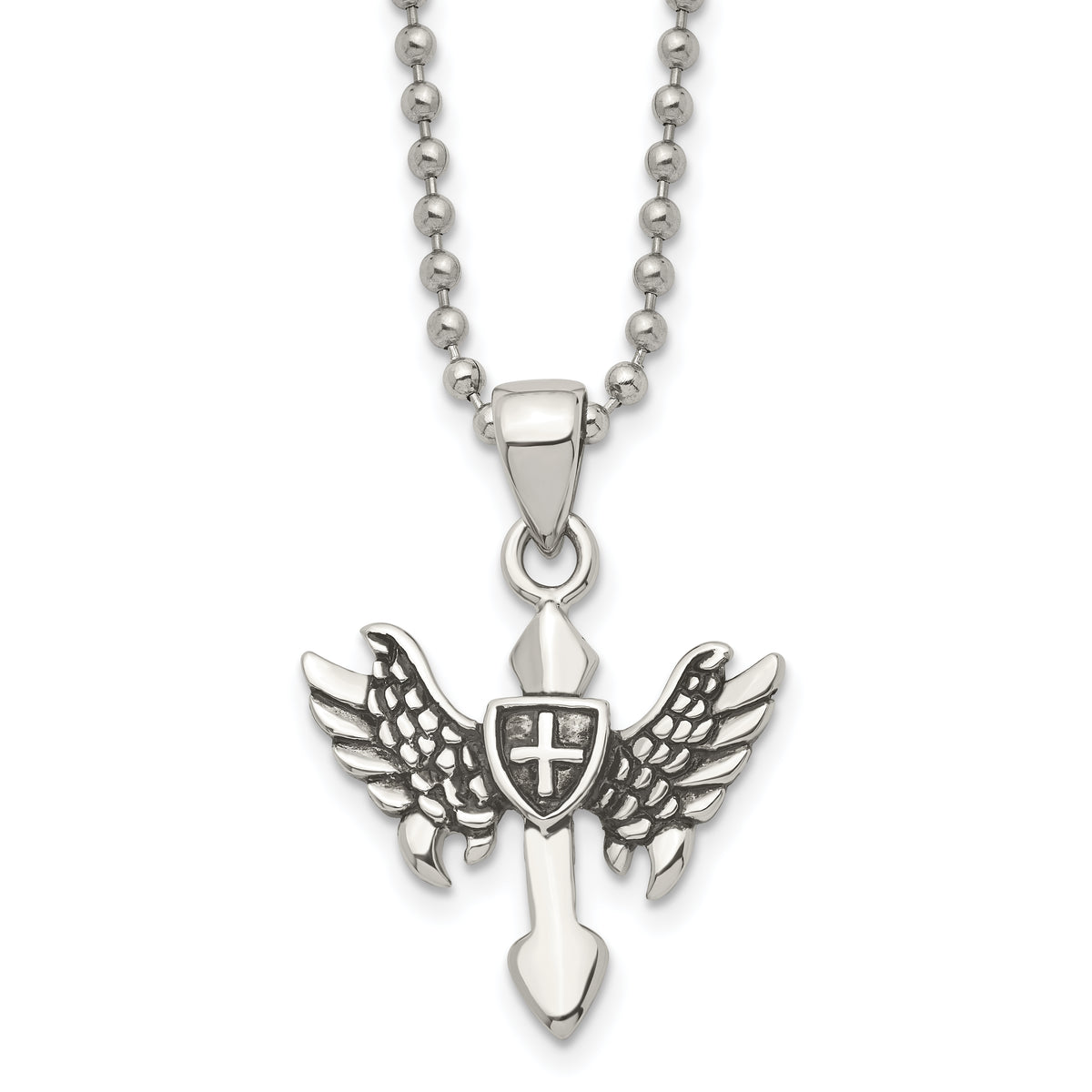 Chisel Stainless Steel Antiqued and Polished Cross with Wings Pendant on a 20 inch Ball Chain Necklace