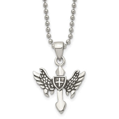 Chisel Stainless Steel Antiqued and Polished Cross with Wings Pendant on a 20 inch Ball Chain Necklace