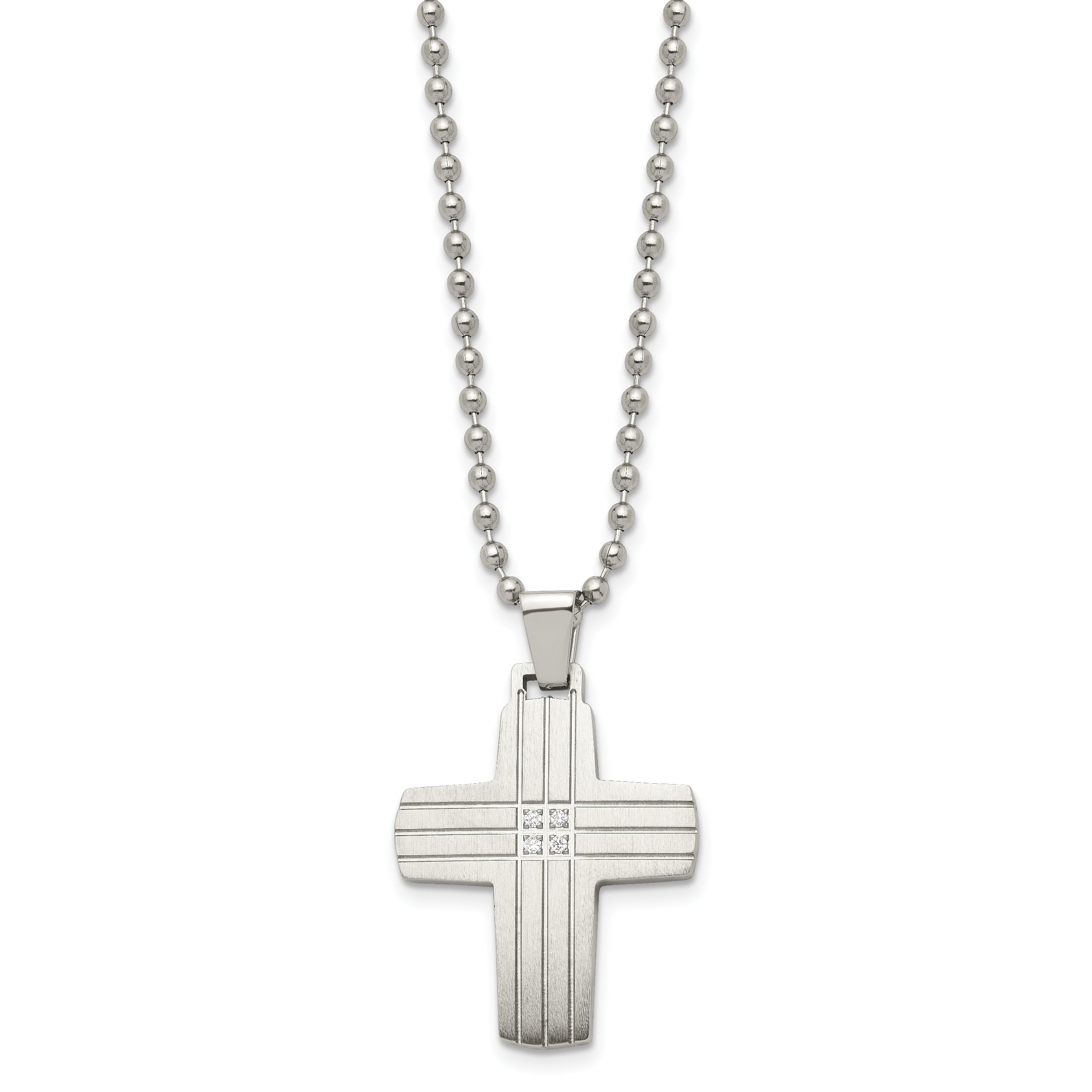 Chisel Stainless Steel Brushed and Polished with CZ Grooved Cross Pendant on a 22 inch Ball Chain Necklace