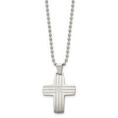 Chisel Stainless Steel Brushed and Polished with CZ Grooved Cross Pendant on a 22 inch Ball Chain Necklace