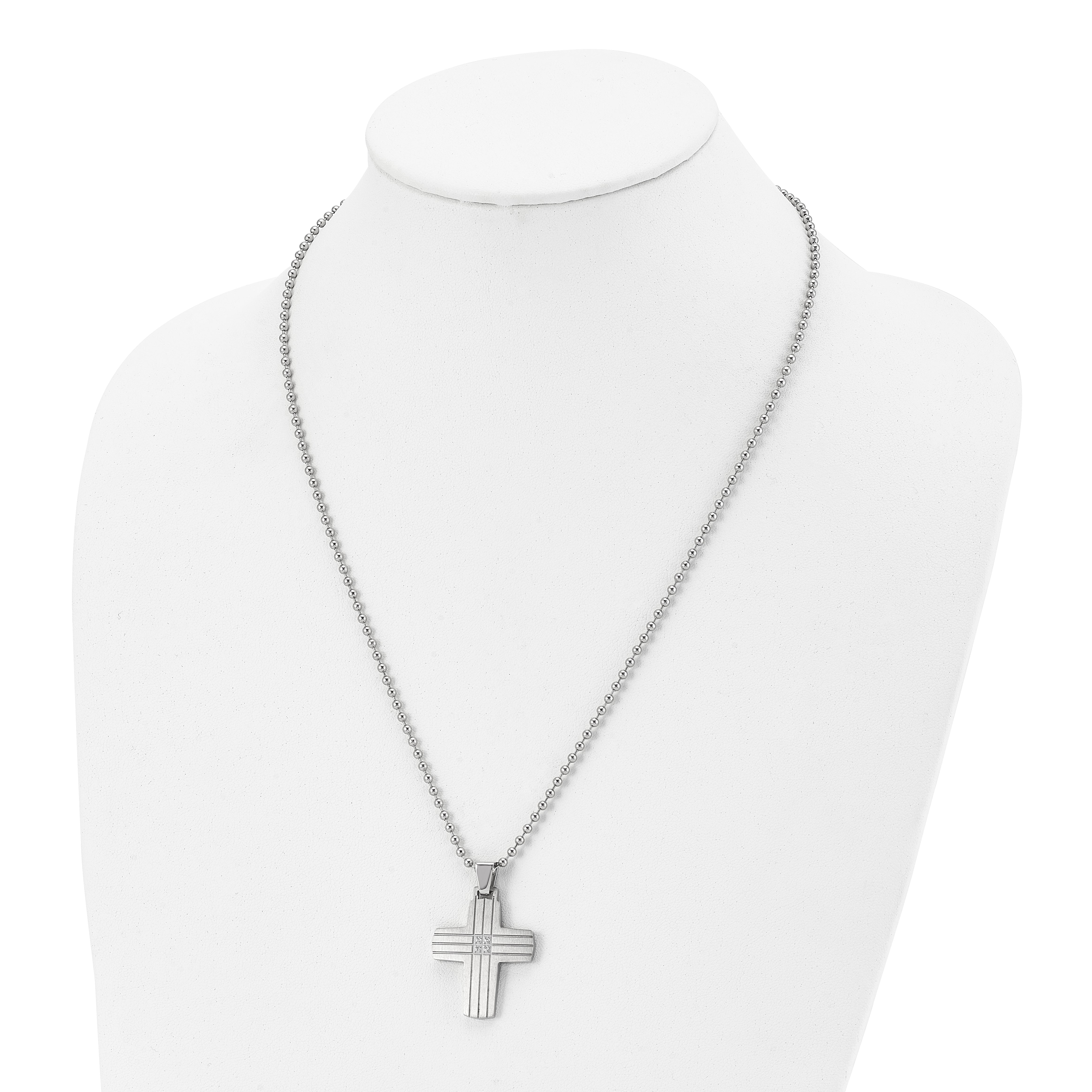 Chisel Stainless Steel Brushed and Polished with CZ Grooved Cross Pendant on a 22 inch Ball Chain Necklace