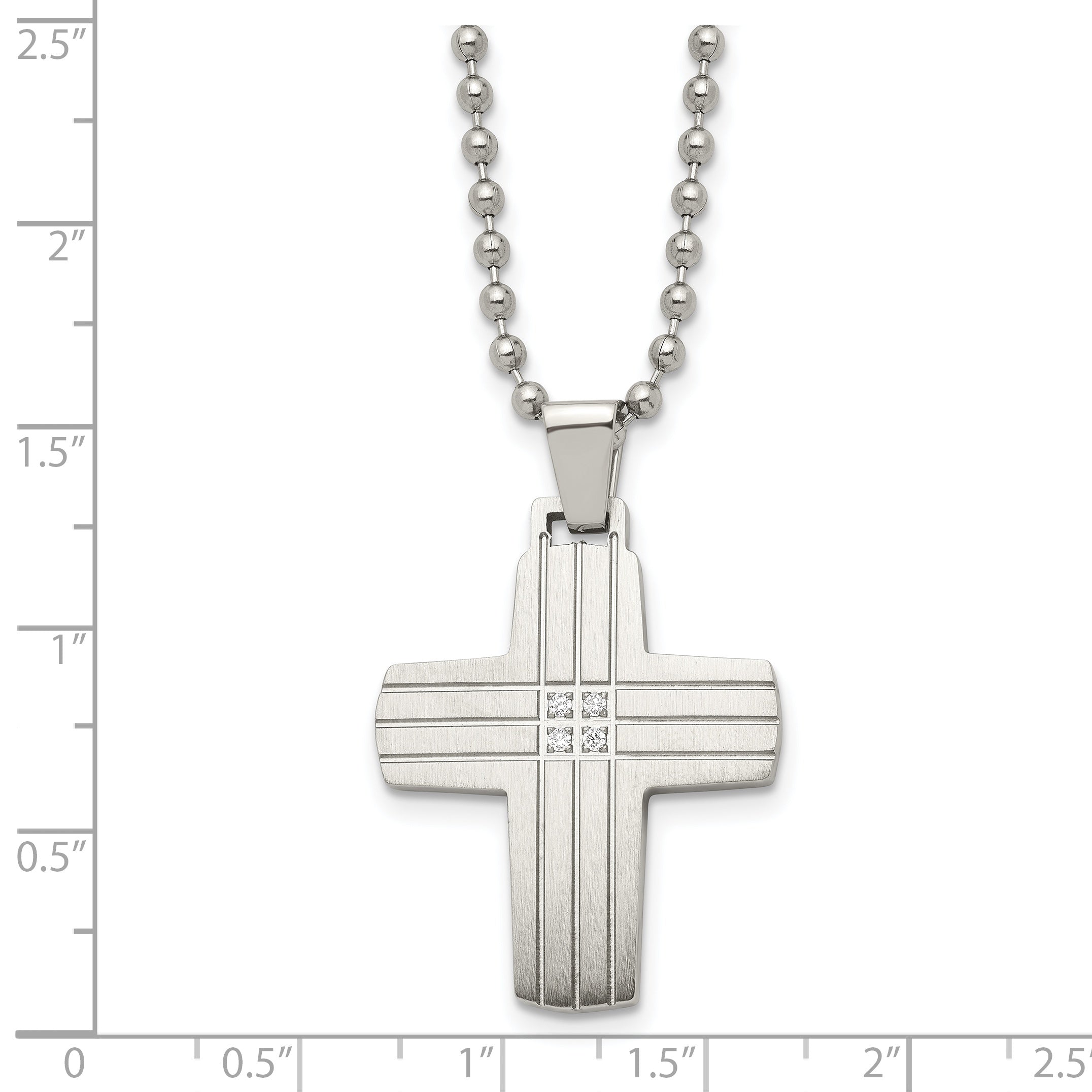 Chisel Stainless Steel Brushed and Polished with CZ Grooved Cross Pendant on a 22 inch Ball Chain Necklace