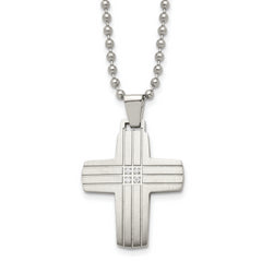 Chisel Stainless Steel Brushed and Polished with CZ Grooved Cross Pendant on a 22 inch Ball Chain Necklace