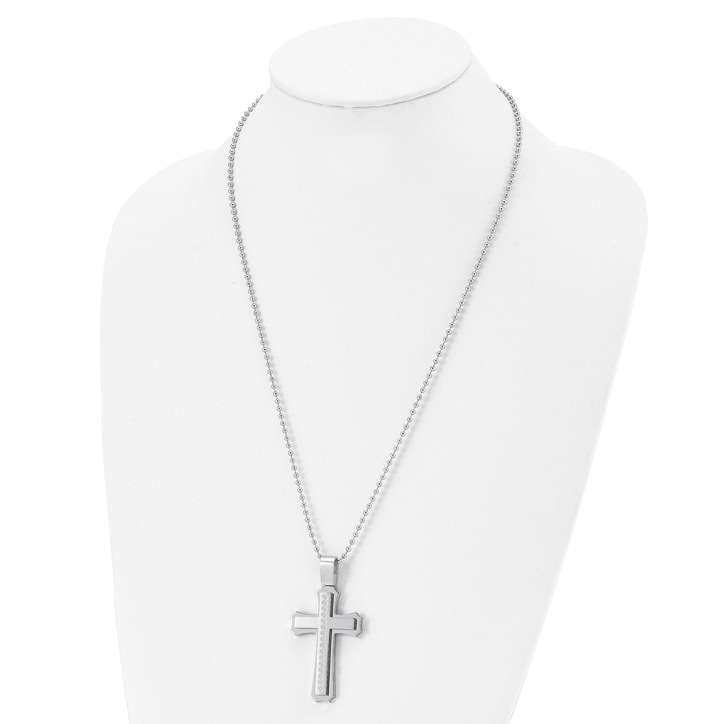 Chisel Stainless Steel Brushed and Polished Swirl Design Cross Pendant on a 24 inch Ball Chain Necklace