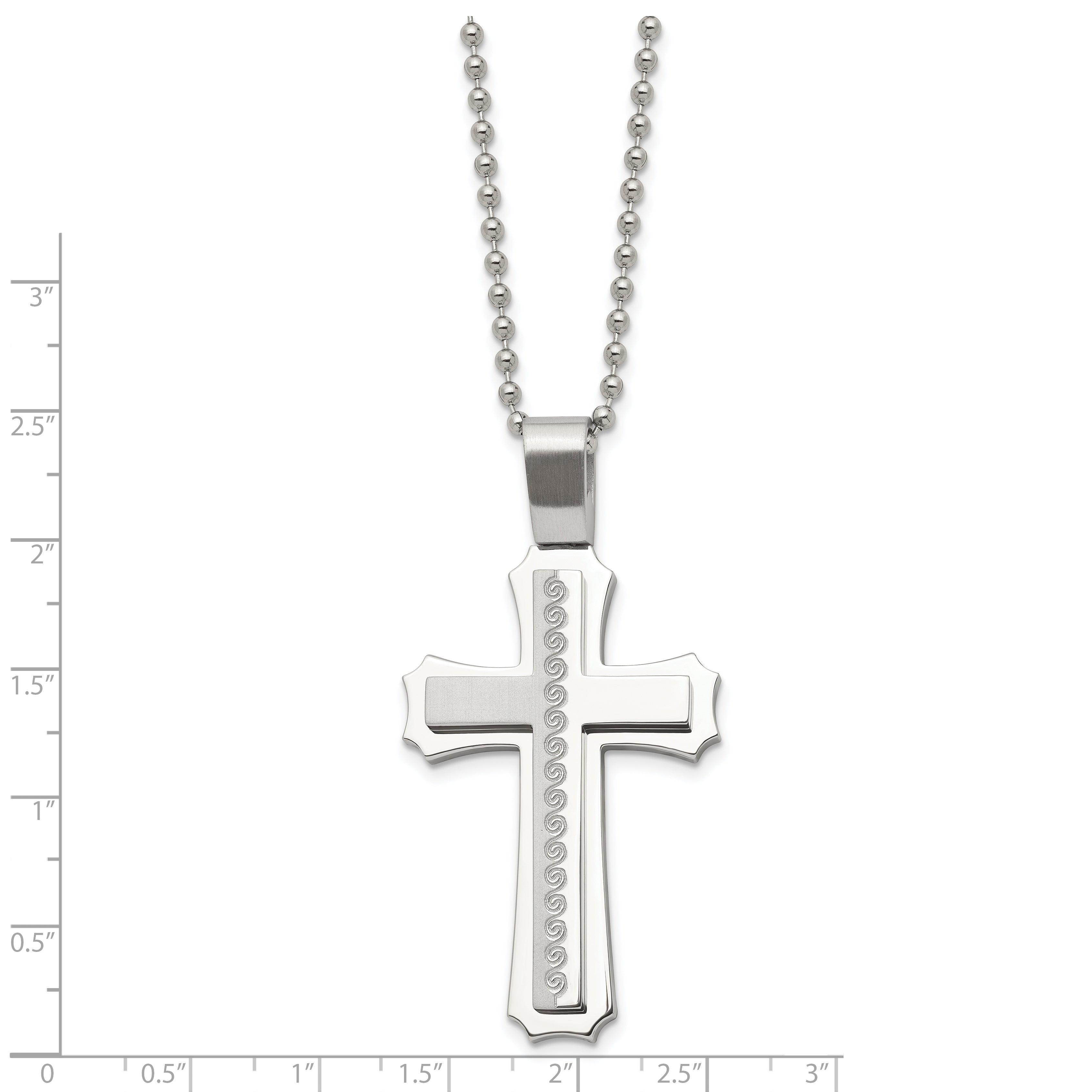 Chisel Stainless Steel Brushed and Polished Swirl Design Cross Pendant on a 24 inch Ball Chain Necklace