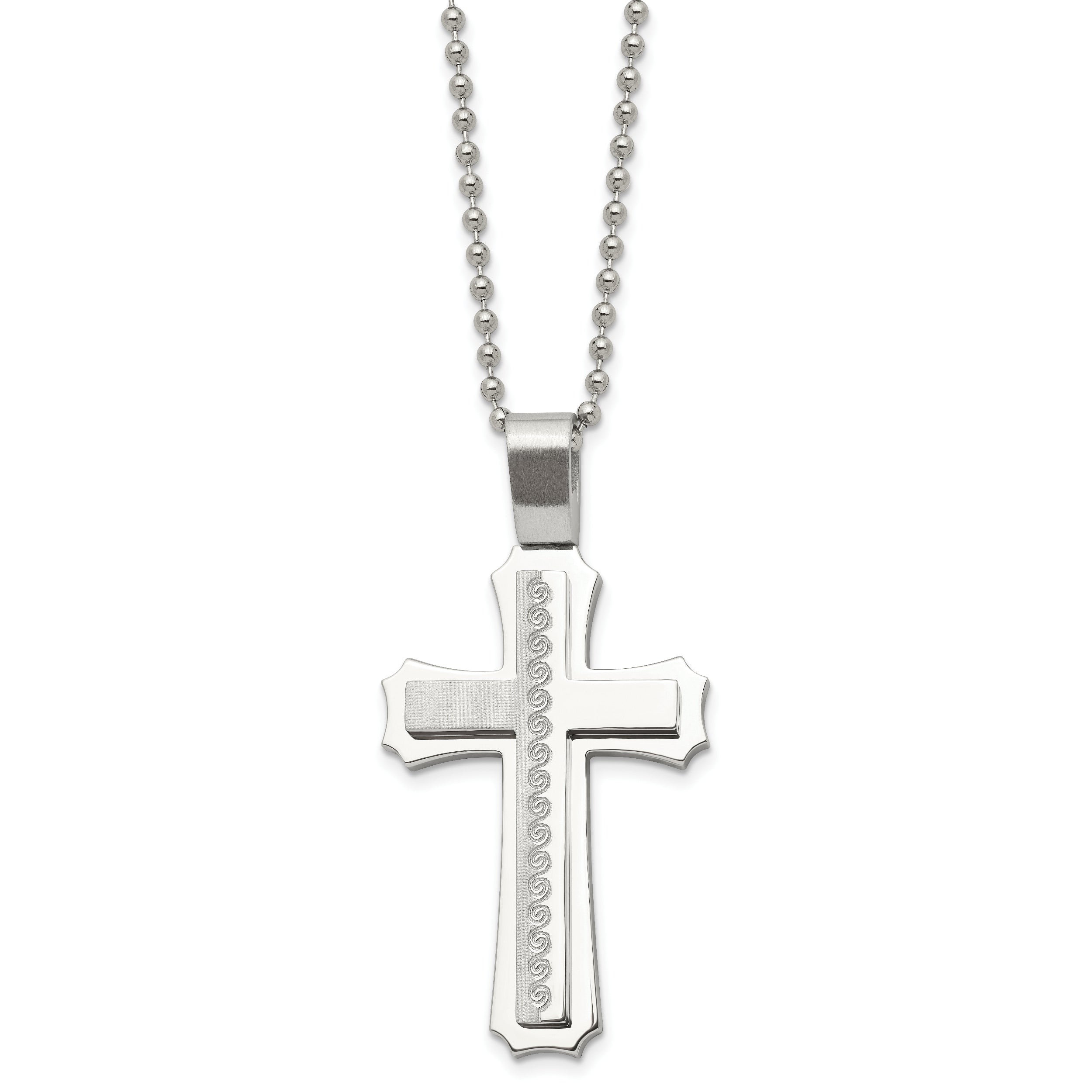 Chisel Stainless Steel Brushed and Polished Swirl Design Cross Pendant on a 24 inch Ball Chain Necklace