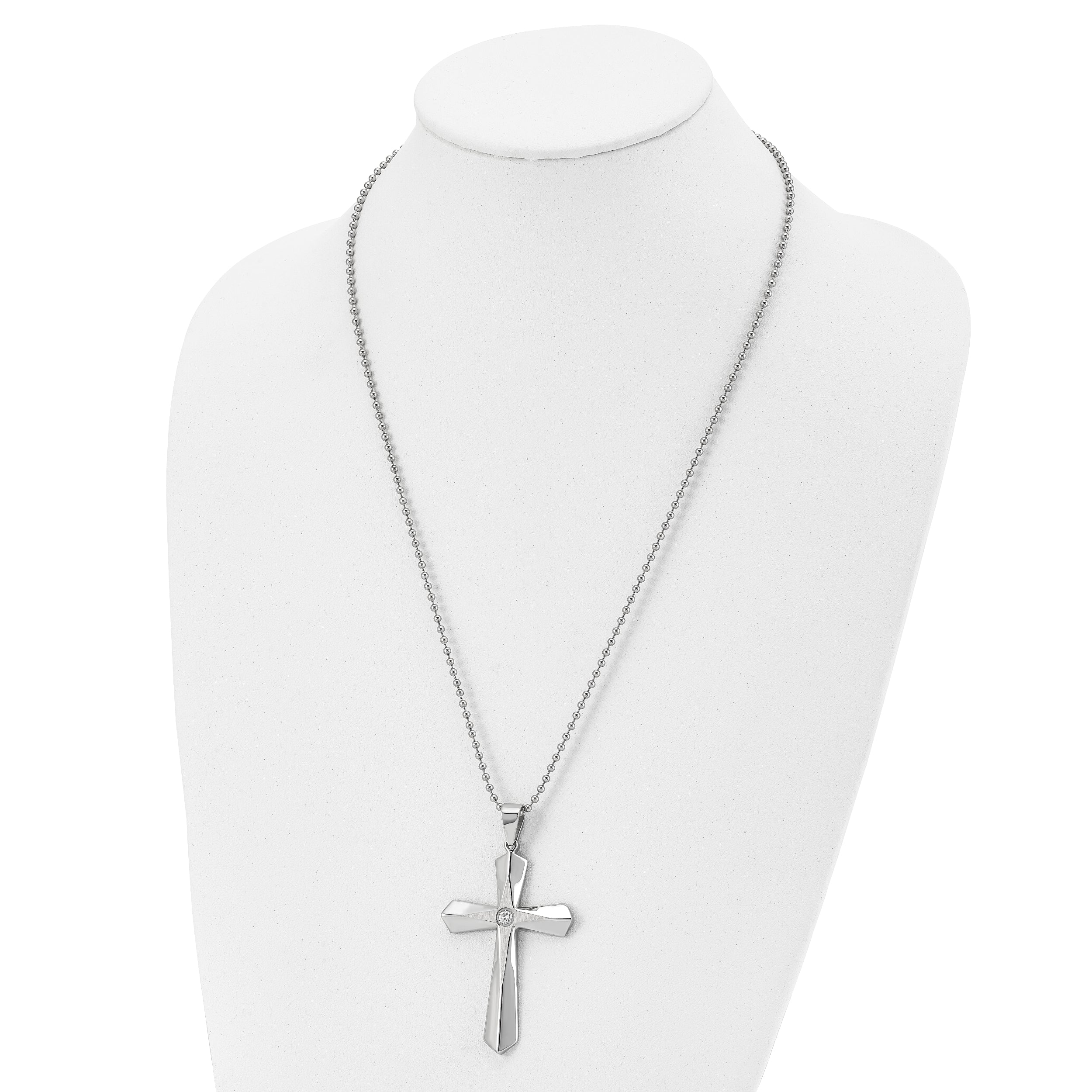 Chisel Stainless Steel Brushed and Polished with CZ Cross Pendant on a 24 inch Ball Chain Necklace