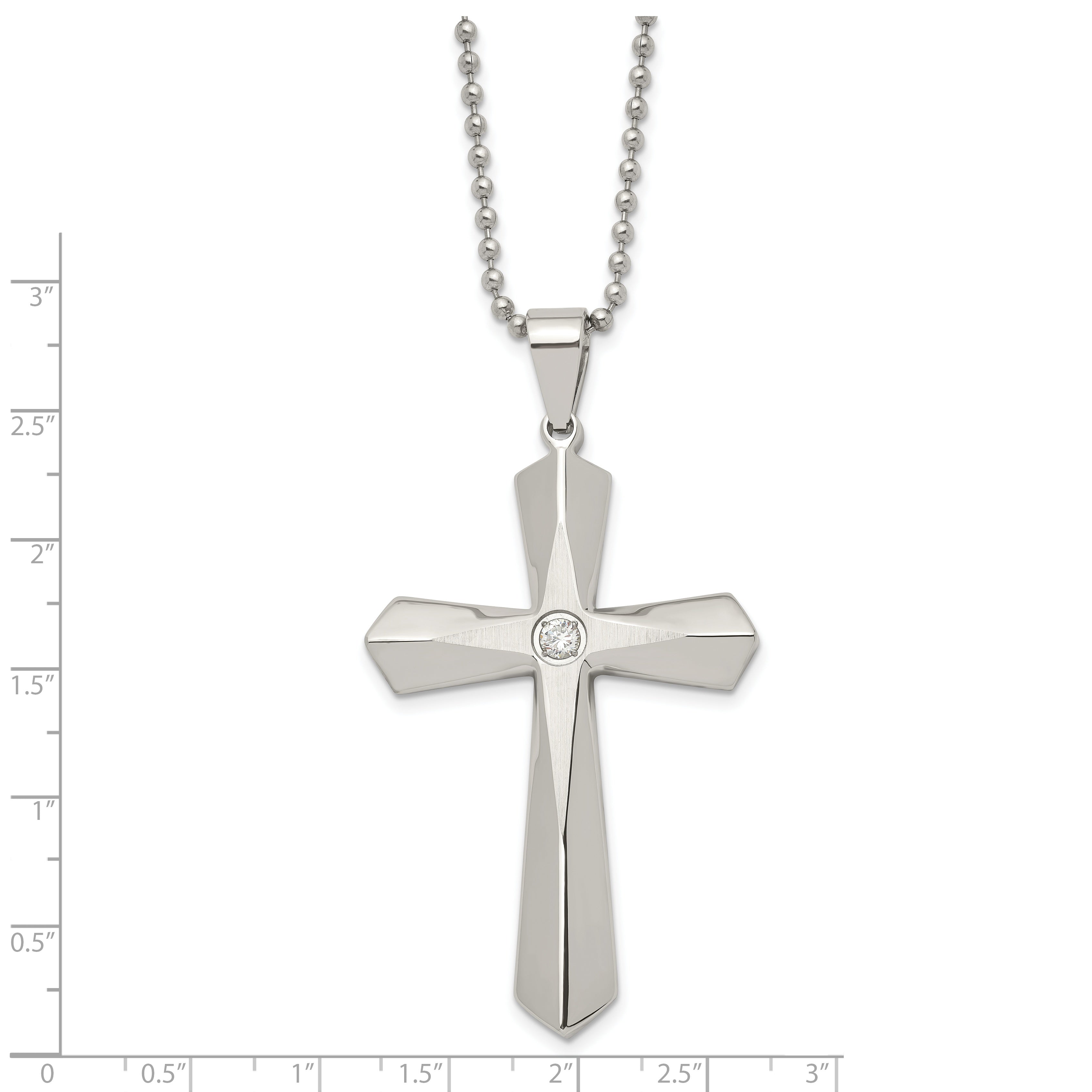 Chisel Stainless Steel Brushed and Polished with CZ Cross Pendant on a 24 inch Ball Chain Necklace