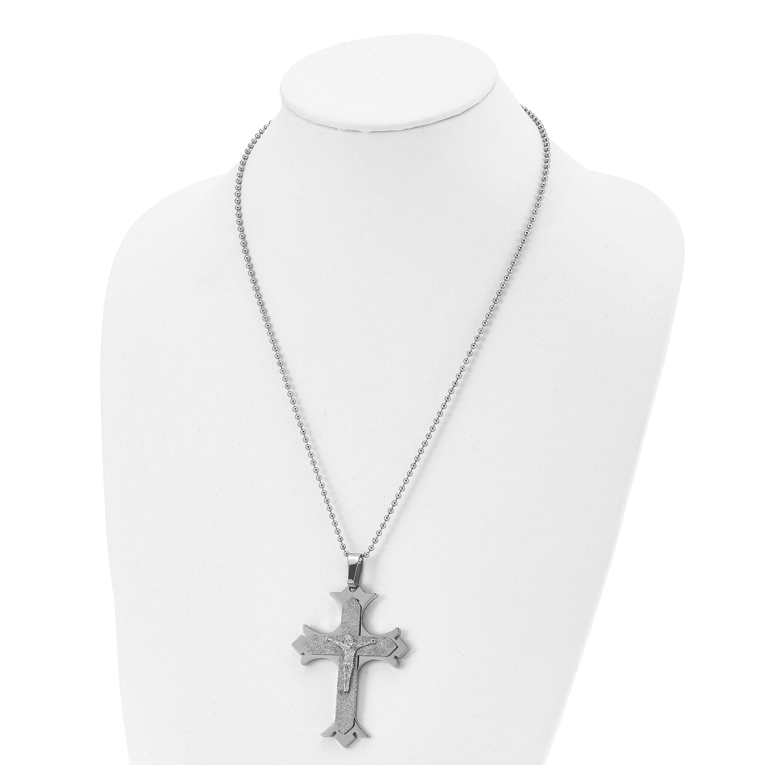 Chisel Stainless Steel Polished Laser Cut Crucifix Pendant on a 22 inch Ball Chain Necklace