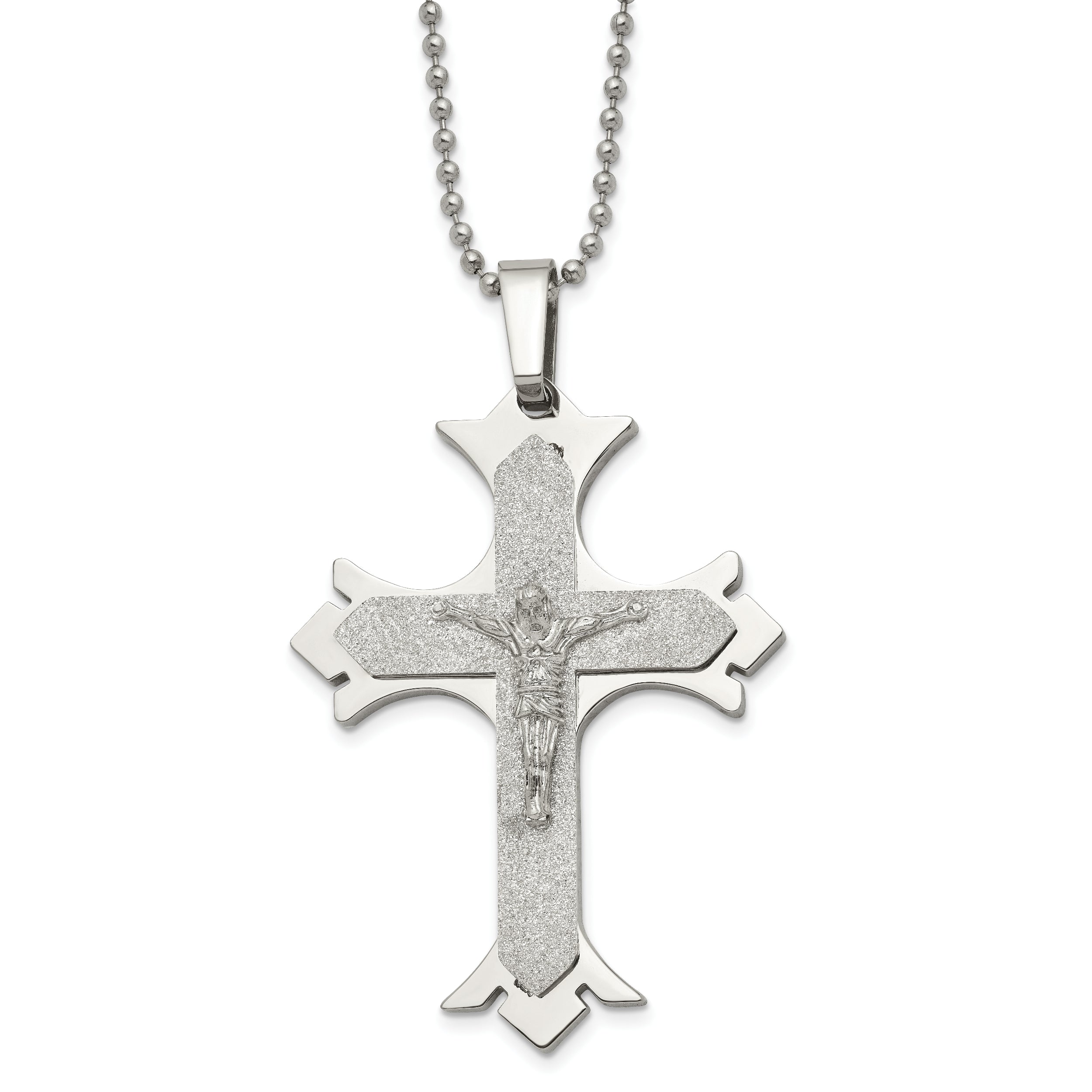 Chisel Stainless Steel Polished Laser Cut Crucifix Pendant on a 22 inch Ball Chain Necklace