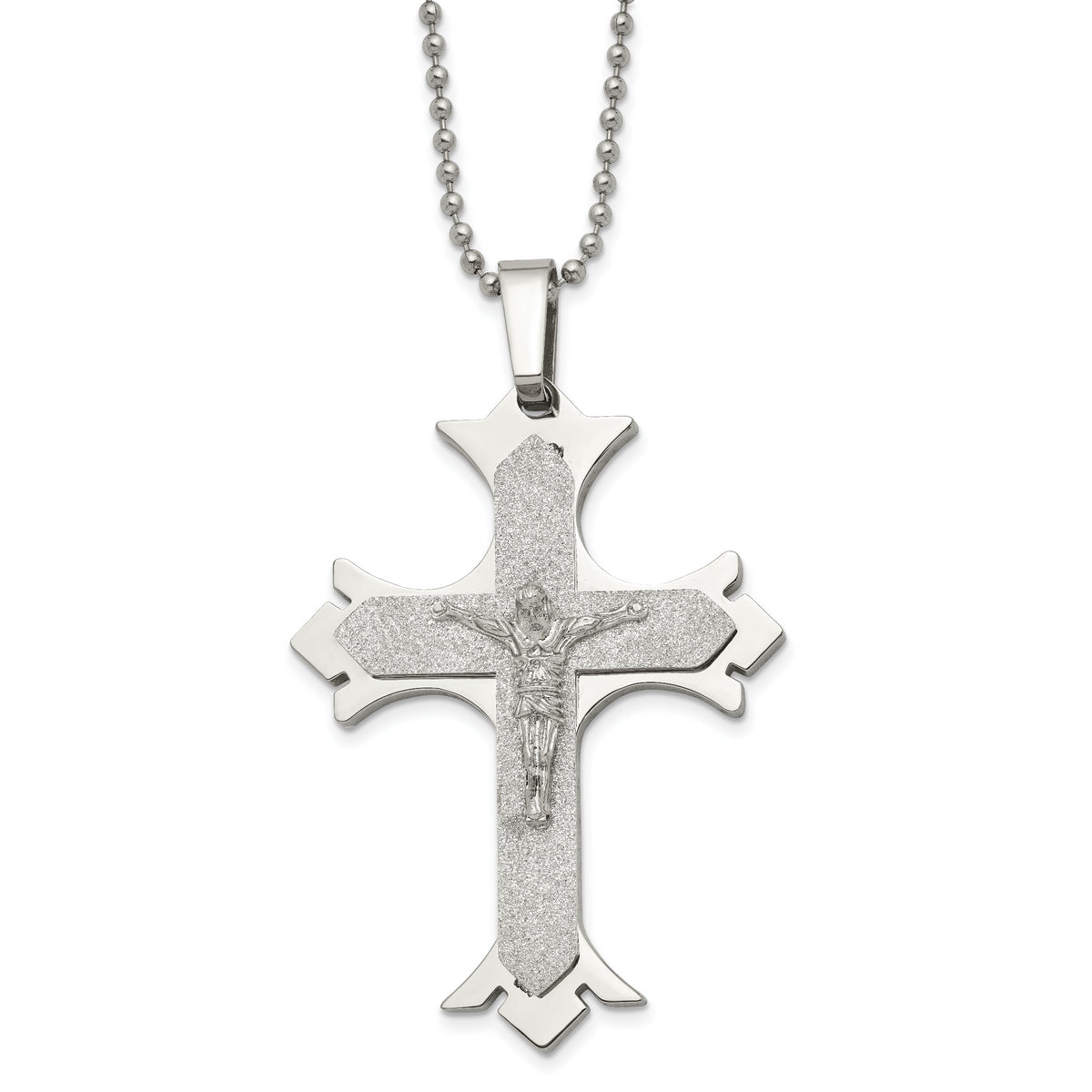 Chisel Stainless Steel Polished Laser Cut Crucifix Pendant on a 22 inch Ball Chain Necklace