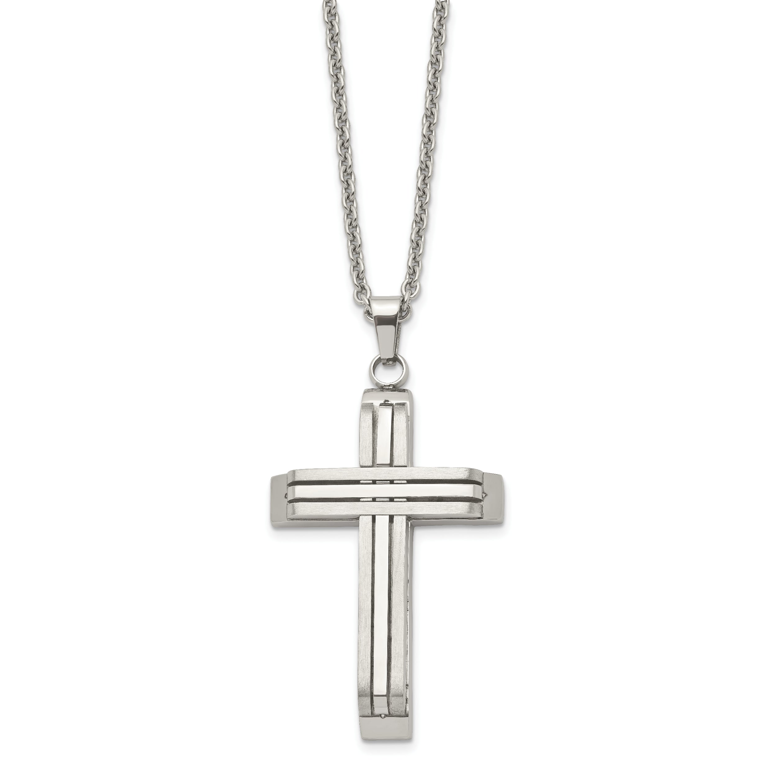 Chisel Stainless Steel Brushed and Polished Cross on a 22 inch Cable Chain Necklace