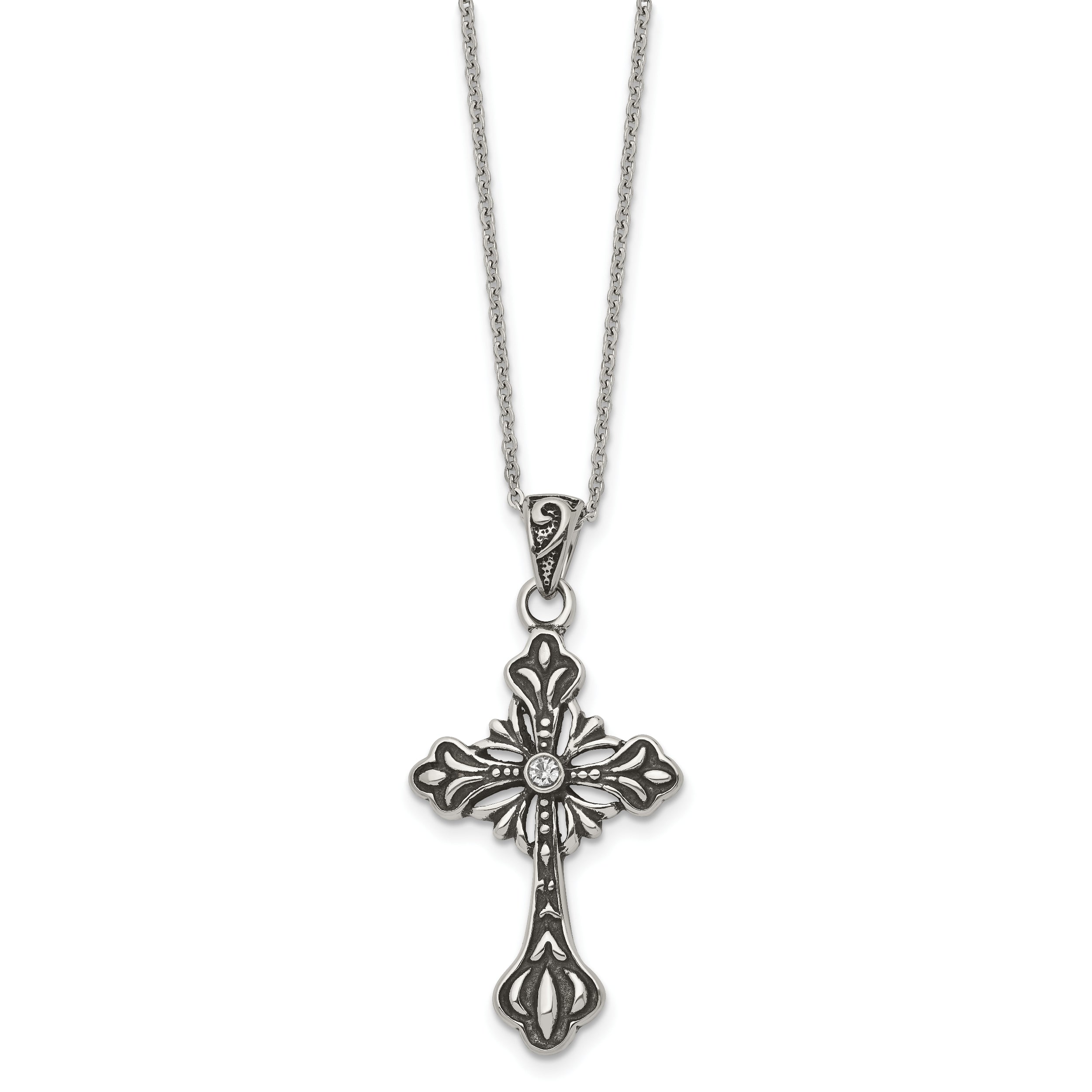 Stainless Steel Antiqued and Polished w/Crystal Cross 18in Necklace