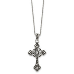 Stainless Steel Antiqued and Polished w/Crystal Cross 18in Necklace