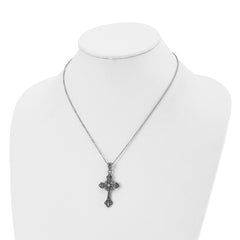 Stainless Steel Antiqued and Polished w/Crystal Cross 18in Necklace