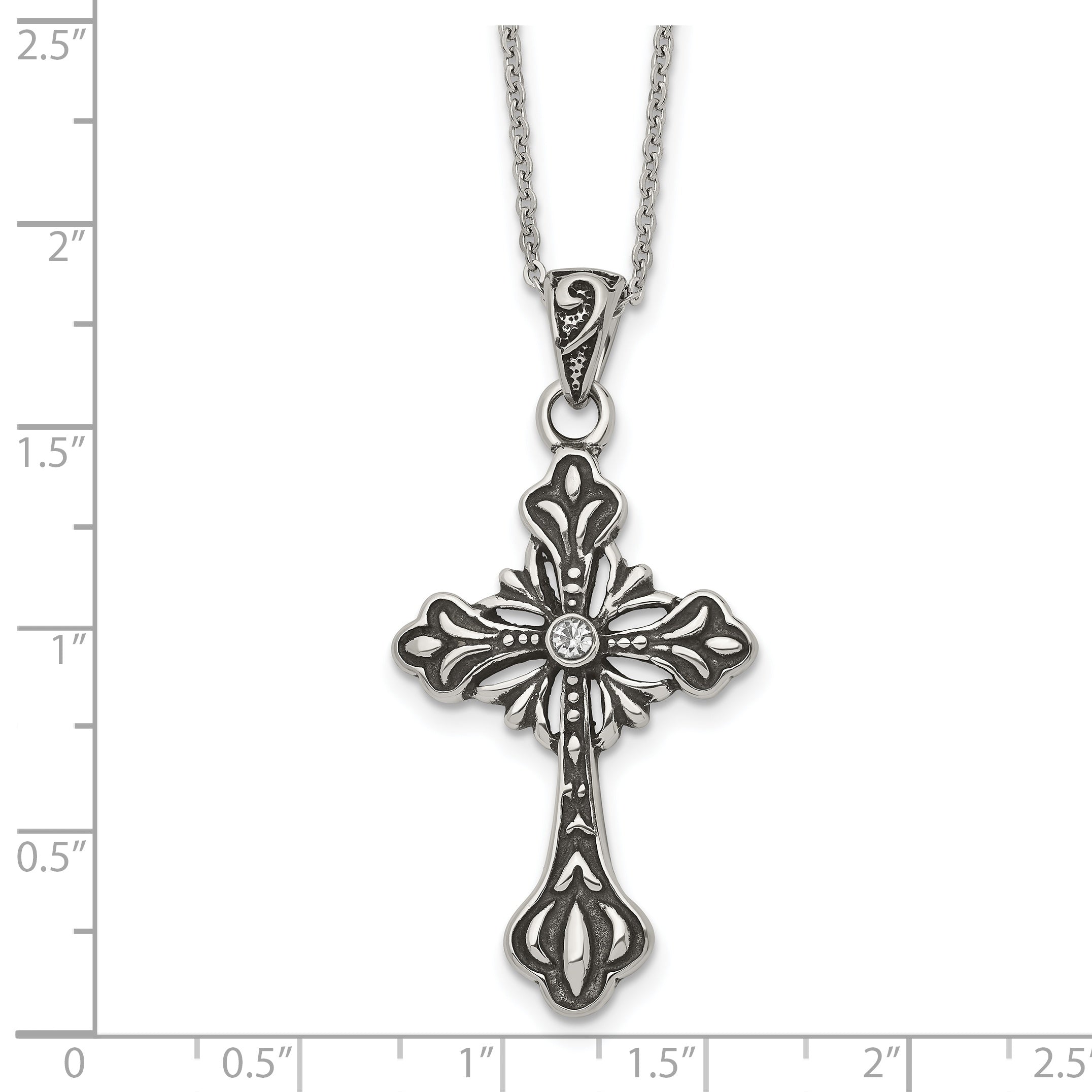 Stainless Steel Antiqued and Polished w/Crystal Cross 18in Necklace