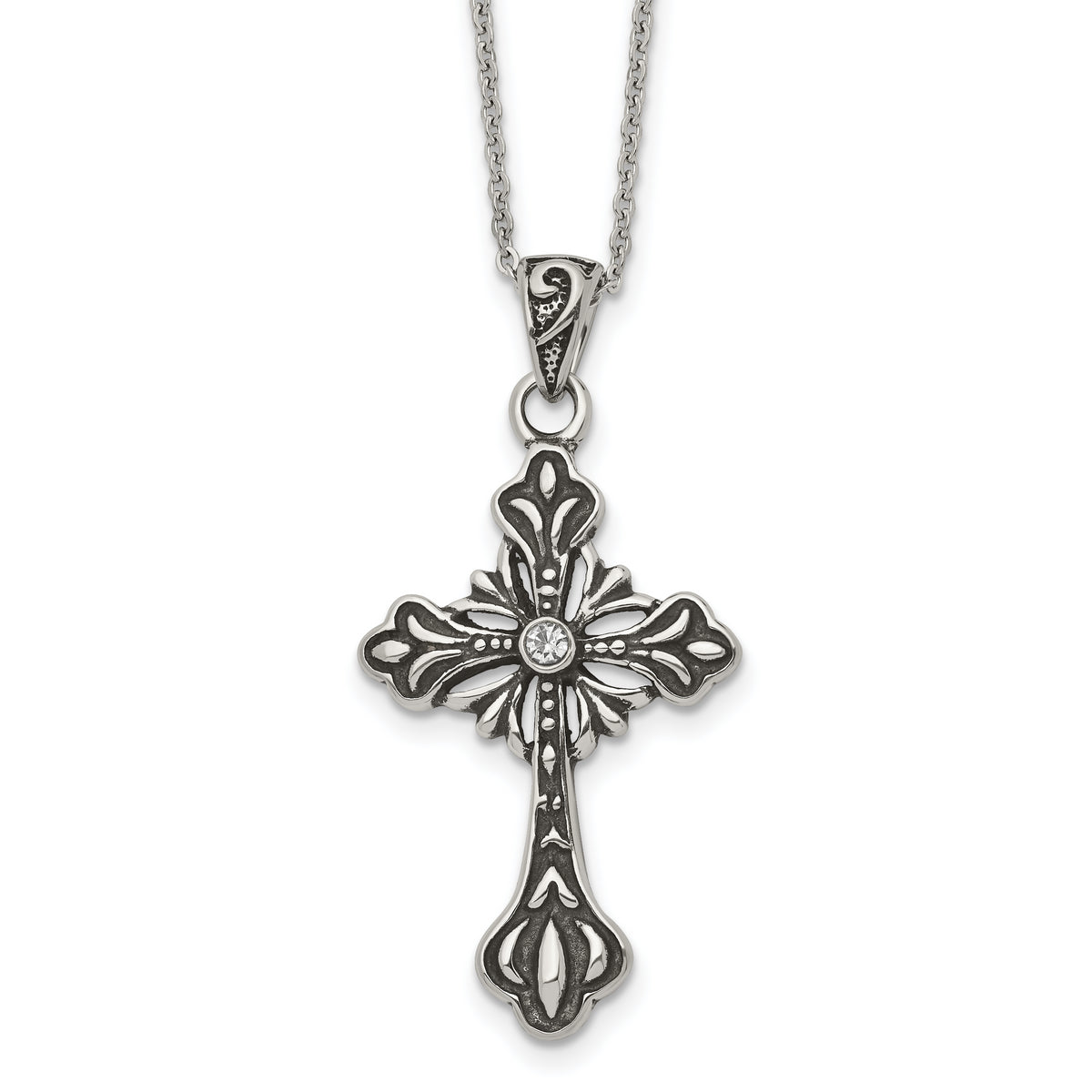 Stainless Steel Antiqued and Polished w/Crystal Cross 18in Necklace