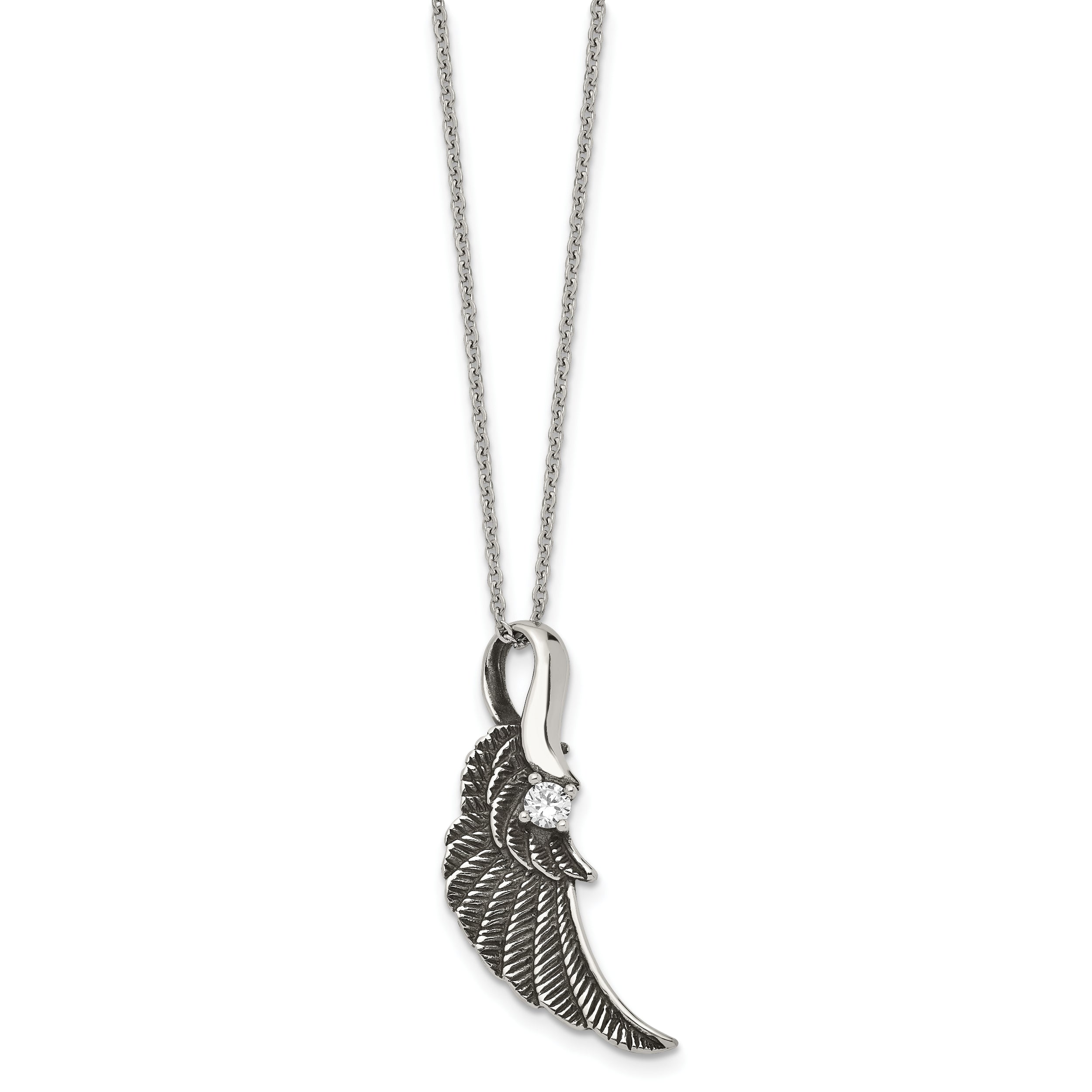 Stainless Steel Antiqued and Polished w/Crystal Wing 20in Necklace