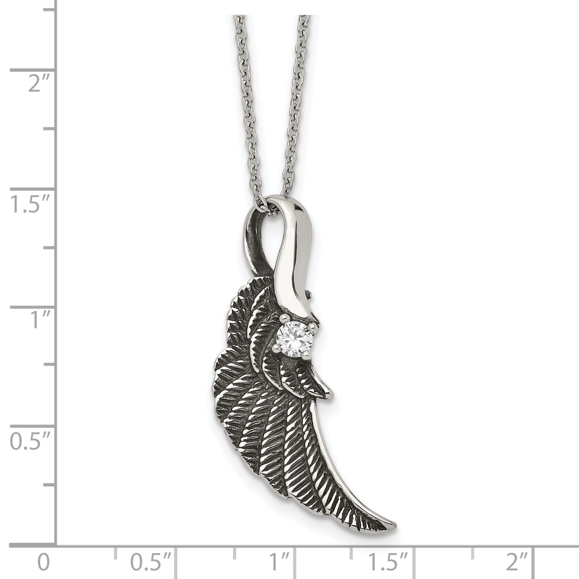 Stainless Steel Antiqued and Polished w/Crystal Wing 20in Necklace