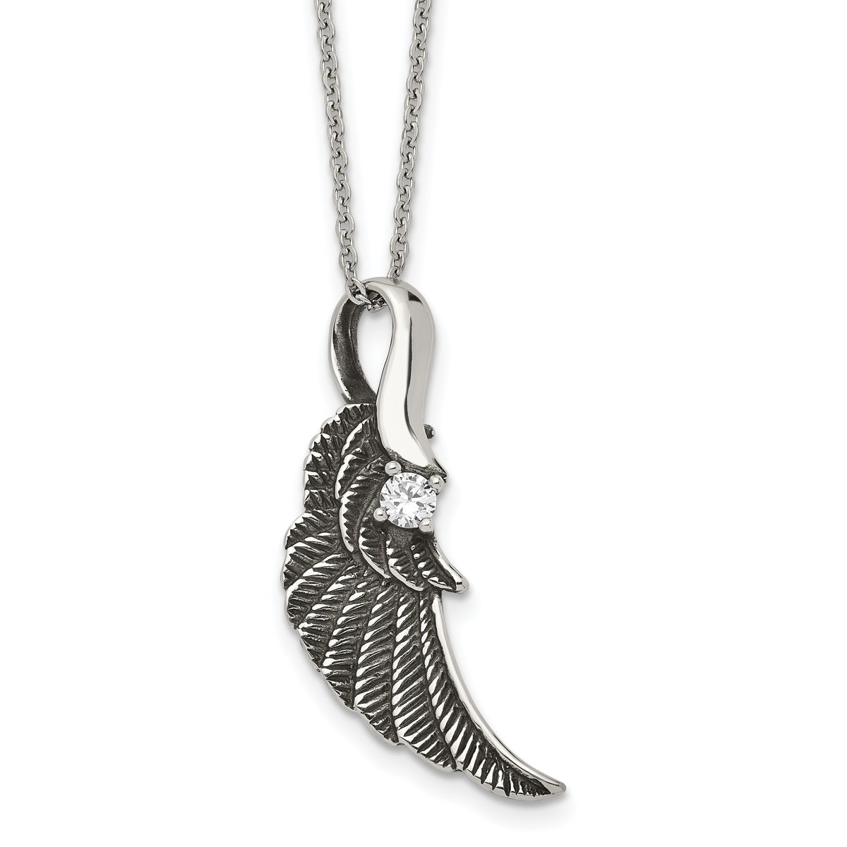 Stainless Steel Antiqued and Polished w/Crystal Wing 20in Necklace