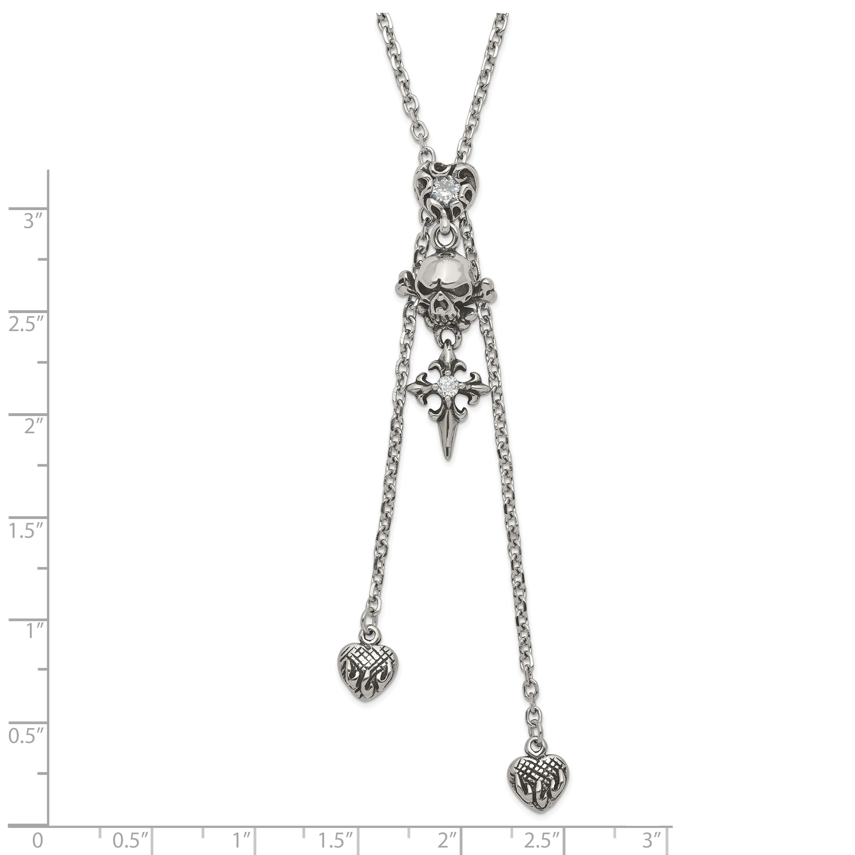 Stainless Steel Antiqued & Polished CZ Heart Skull & Cross Adjustable Necklace