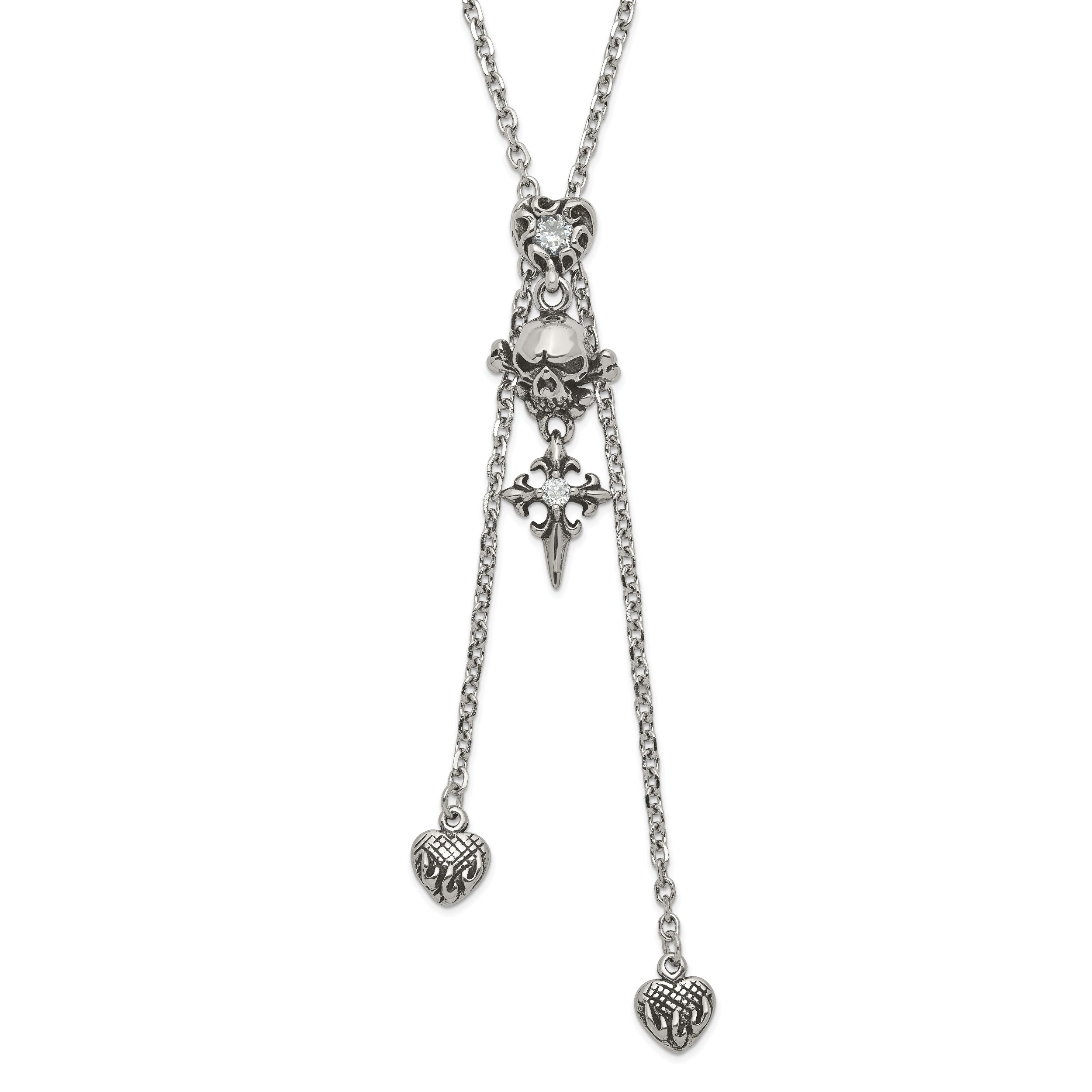 Stainless Steel Antiqued & Polished CZ Heart Skull & Cross Adjustable Necklace