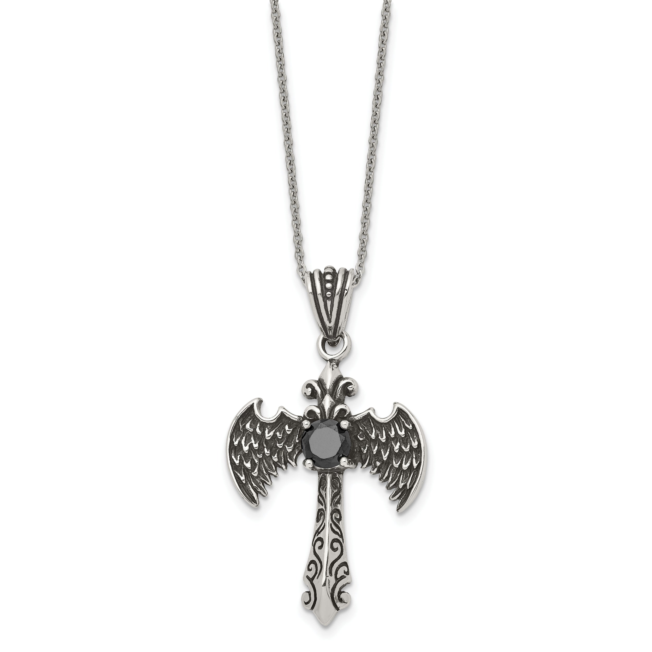 Stainless Steel Antiqued and Polished Black CZ Cross w/Wings Necklace