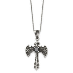 Stainless Steel Antiqued and Polished Black CZ Cross w/Wings Necklace