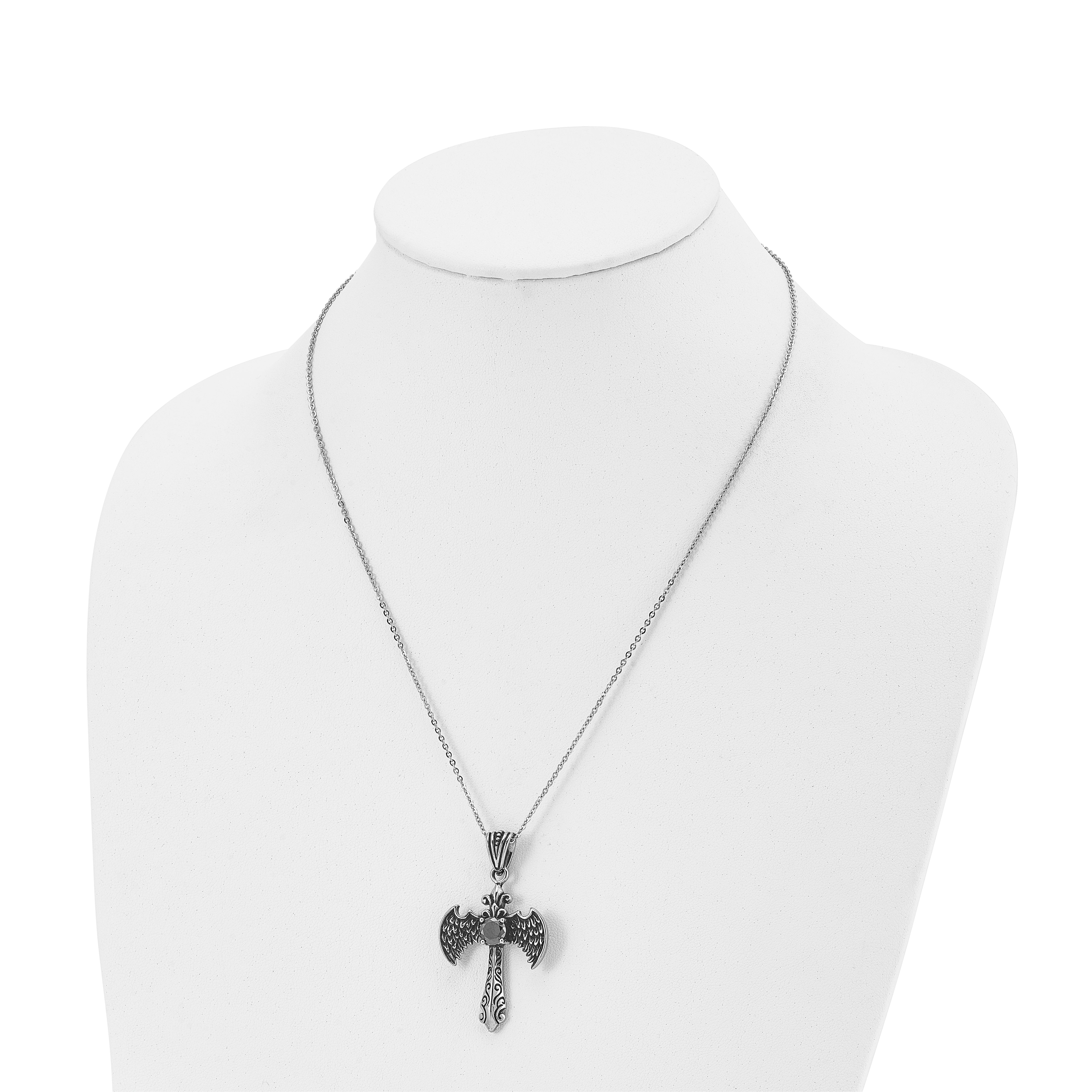 Stainless Steel Antiqued and Polished Black CZ Cross w/Wings Necklace