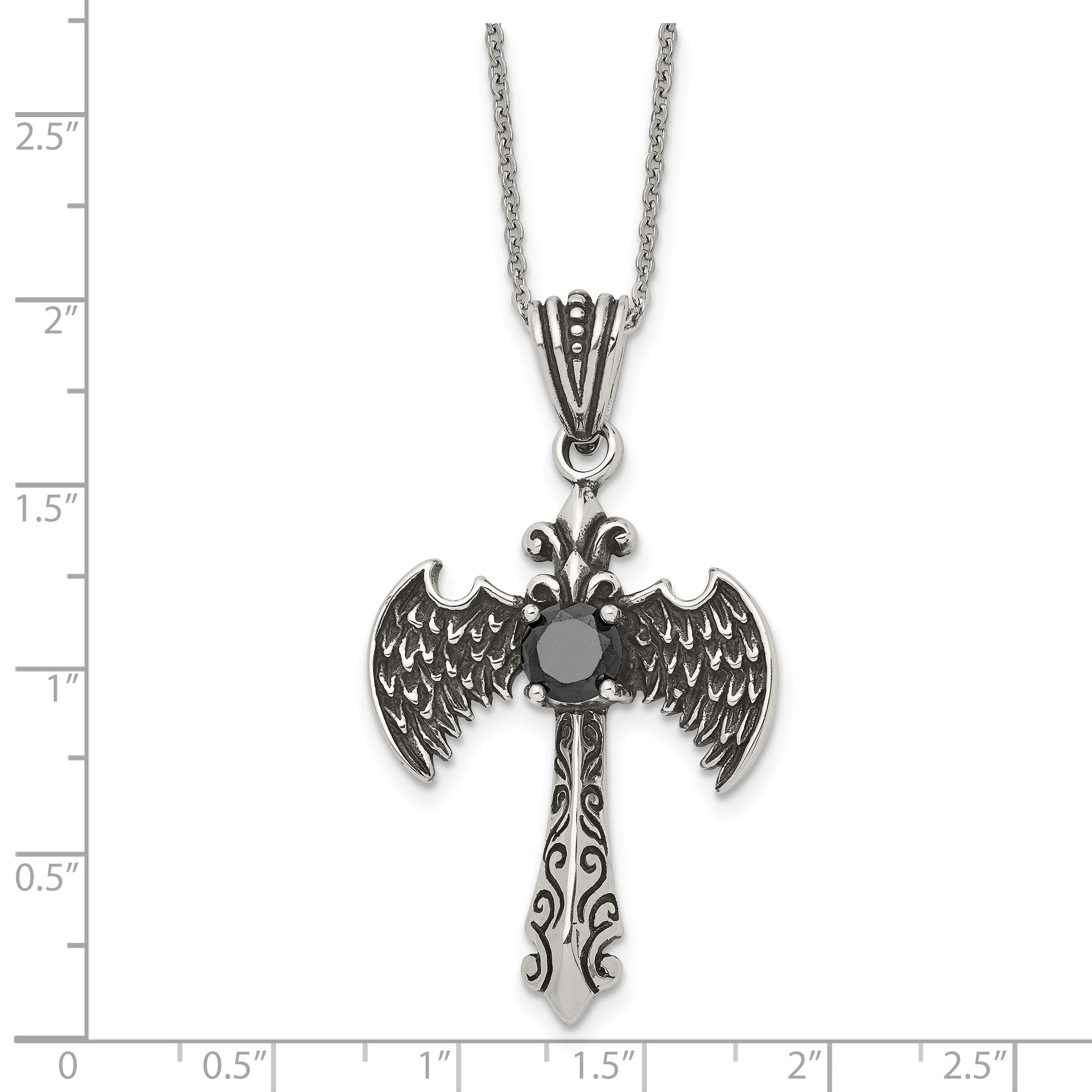 Stainless Steel Antiqued and Polished Black CZ Cross w/Wings Necklace