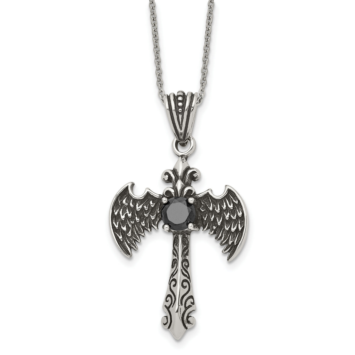 Stainless Steel Antiqued and Polished Black CZ Cross w/Wings Necklace