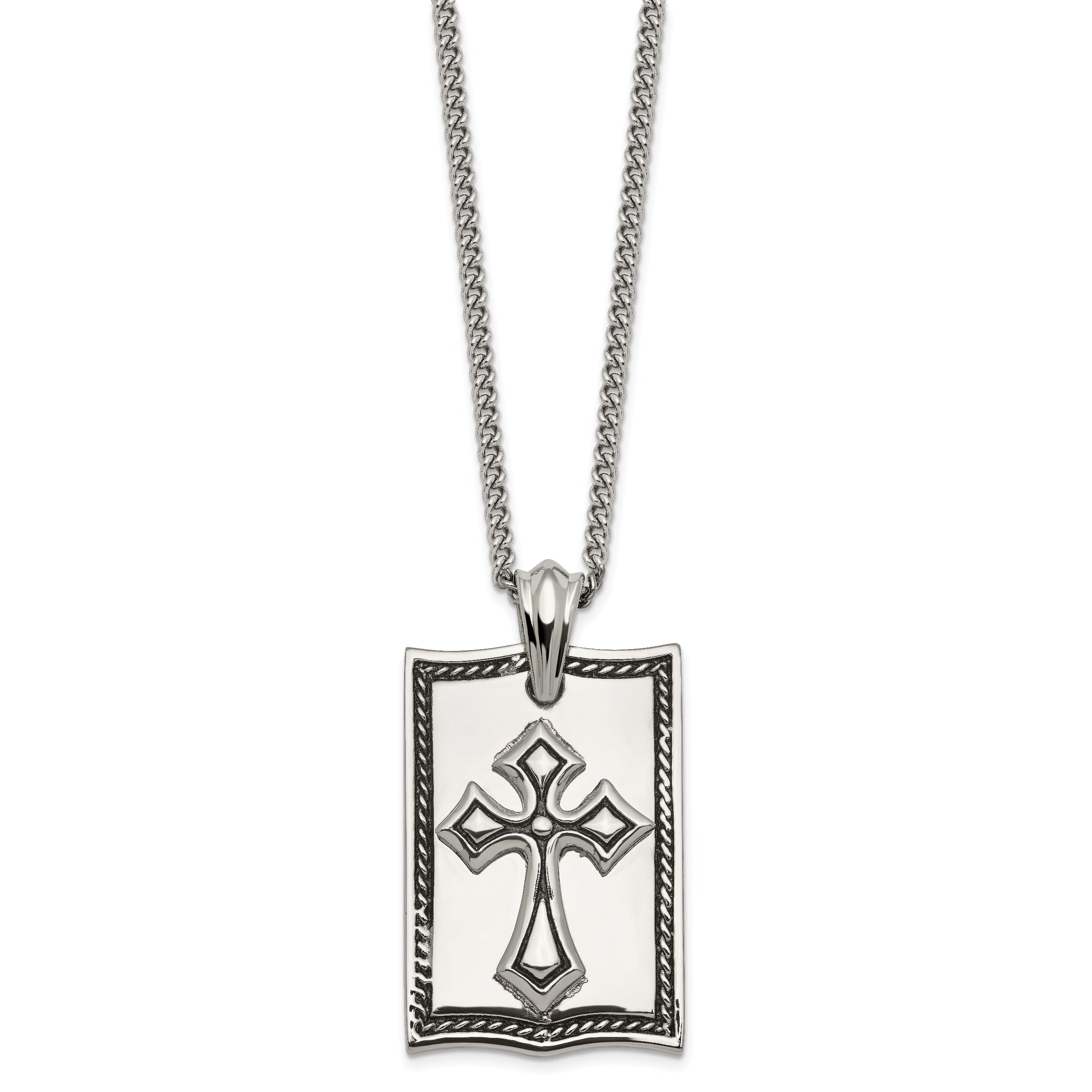 Stainless Steel Antiqued and Polished Cross Dog Tag 24in Necklace