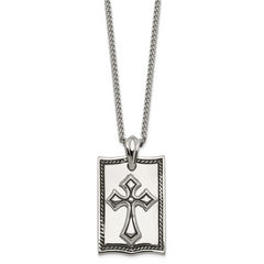 Stainless Steel Antiqued and Polished Cross Dog Tag 24in Necklace