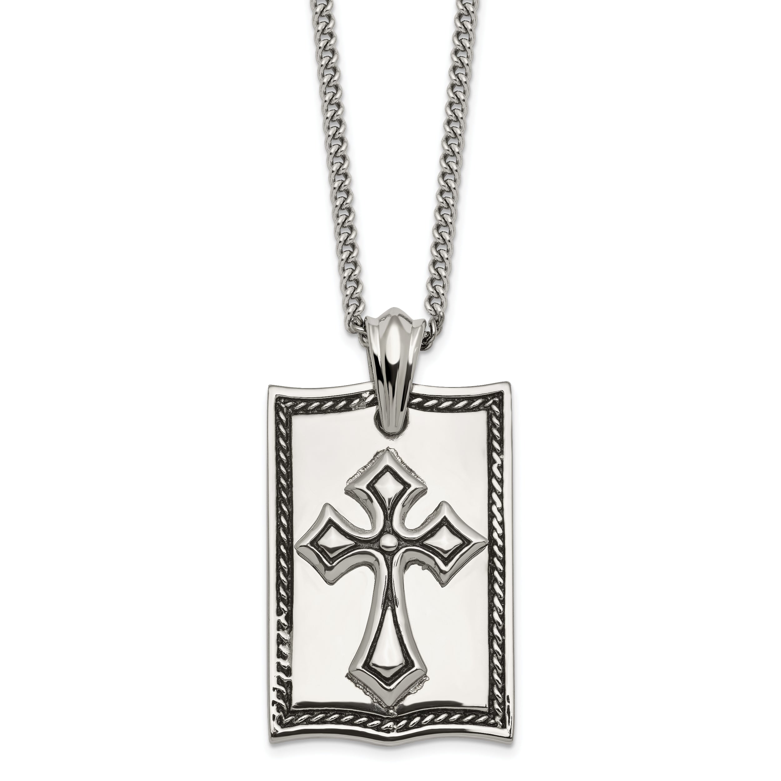 Stainless Steel Antiqued and Polished Cross Dog Tag 24in Necklace