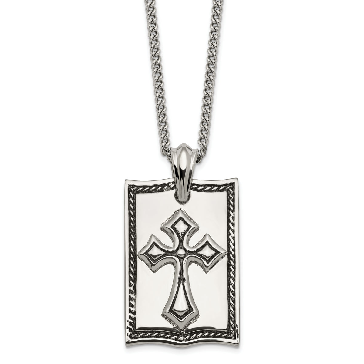 Stainless Steel Antiqued and Polished Cross Dog Tag 24in Necklace