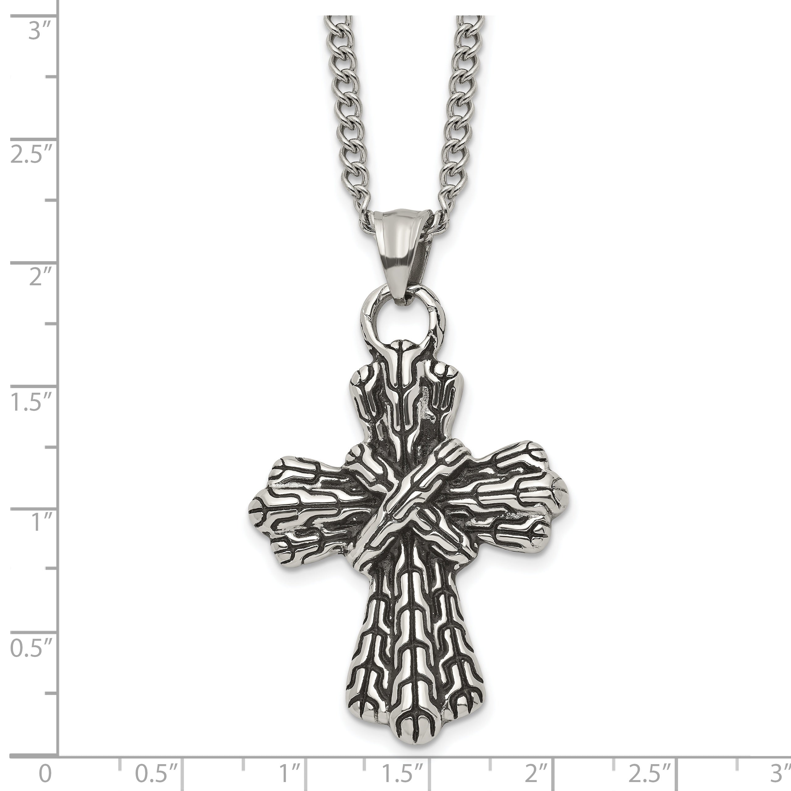 Stainless Steel Antiqued Polished and Textured Cross 24in Necklace