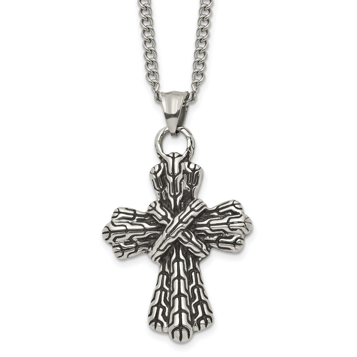 Stainless Steel Antiqued Polished and Textured Cross 24in Necklace