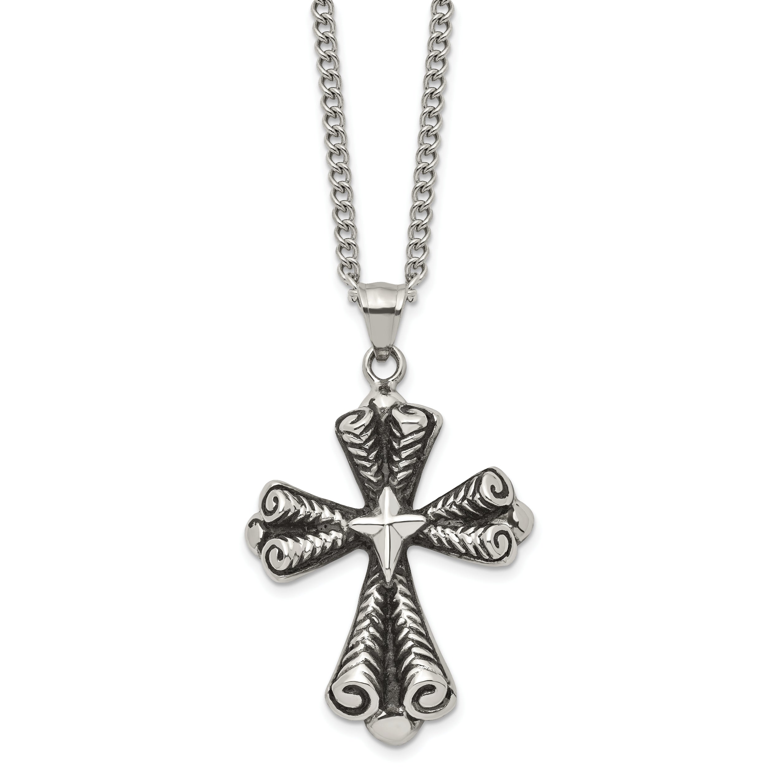 Stainless Steel Antiqued Polished and Textured Cross 24in Necklace