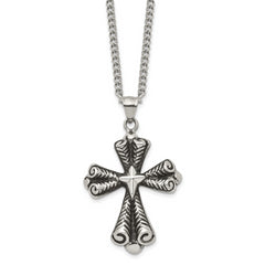 Stainless Steel Antiqued Polished and Textured Cross 24in Necklace