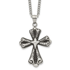 Stainless Steel Antiqued Polished and Textured Cross 24in Necklace