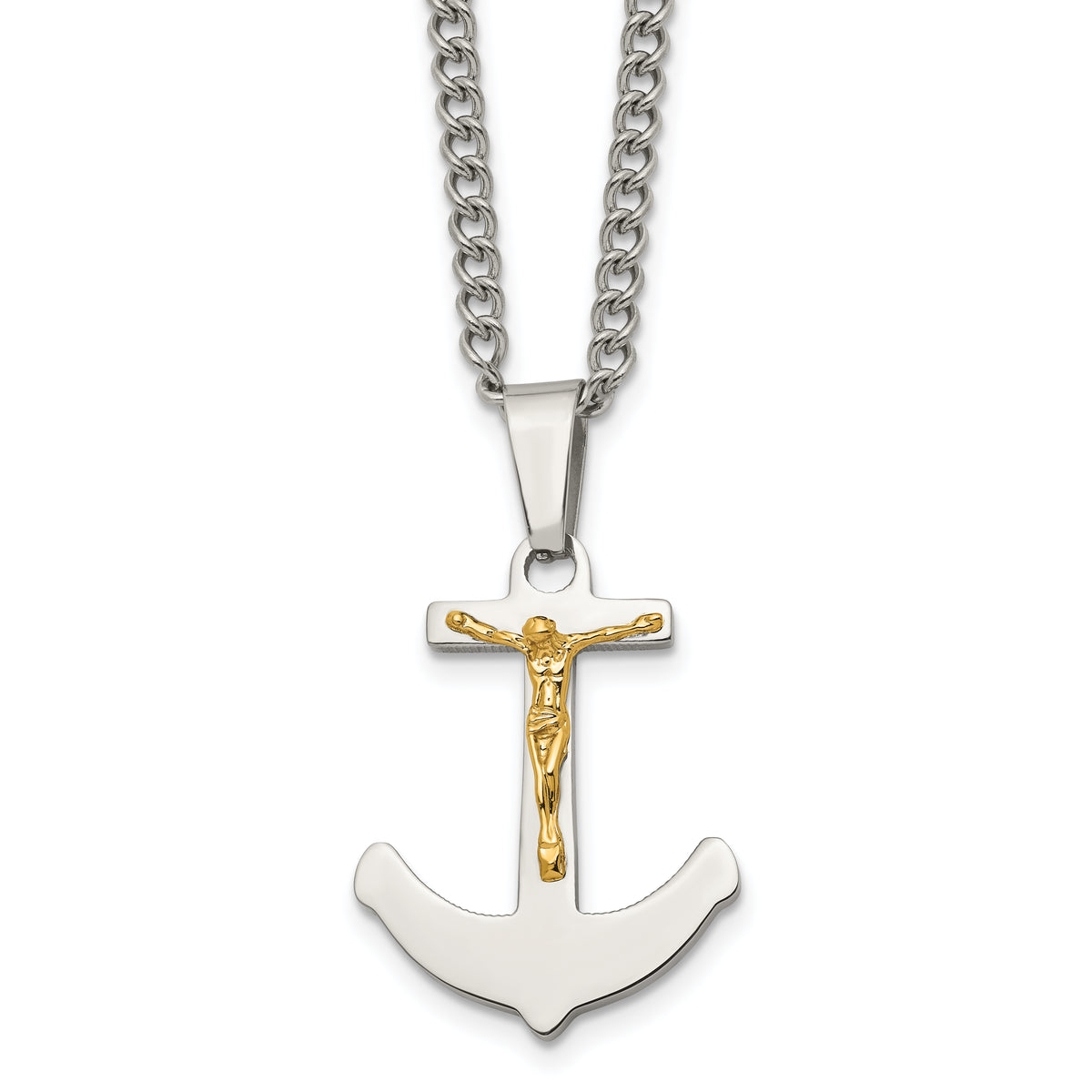 Chisel Stainless Steel Polished with 14k Gold Crucifix Anchor Pendant on a 24 inch Curb Chain Necklace