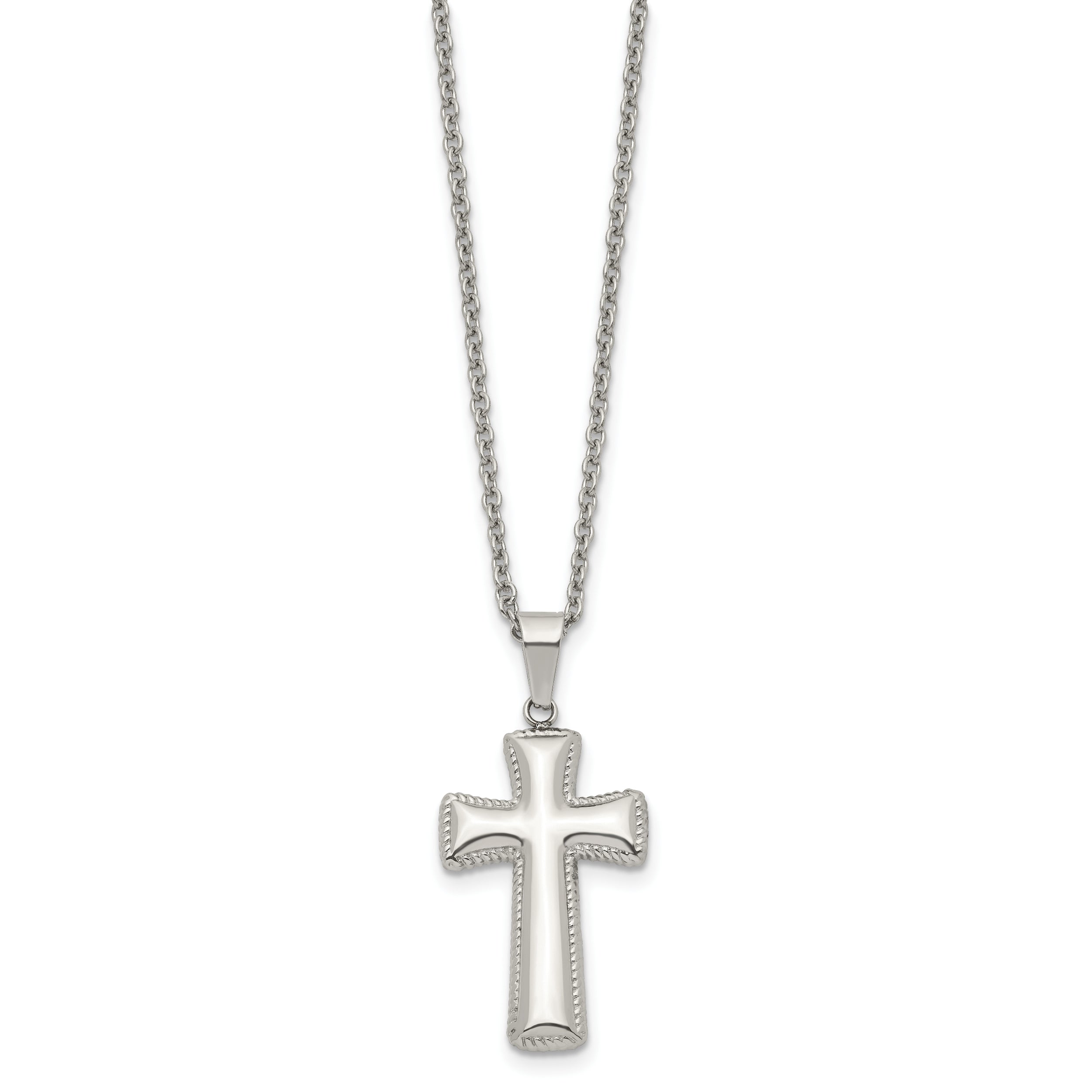 Chisel Stainless Steel Polished Medium Pillow Cross Pendant on an 18 inch Cable Chain Necklace