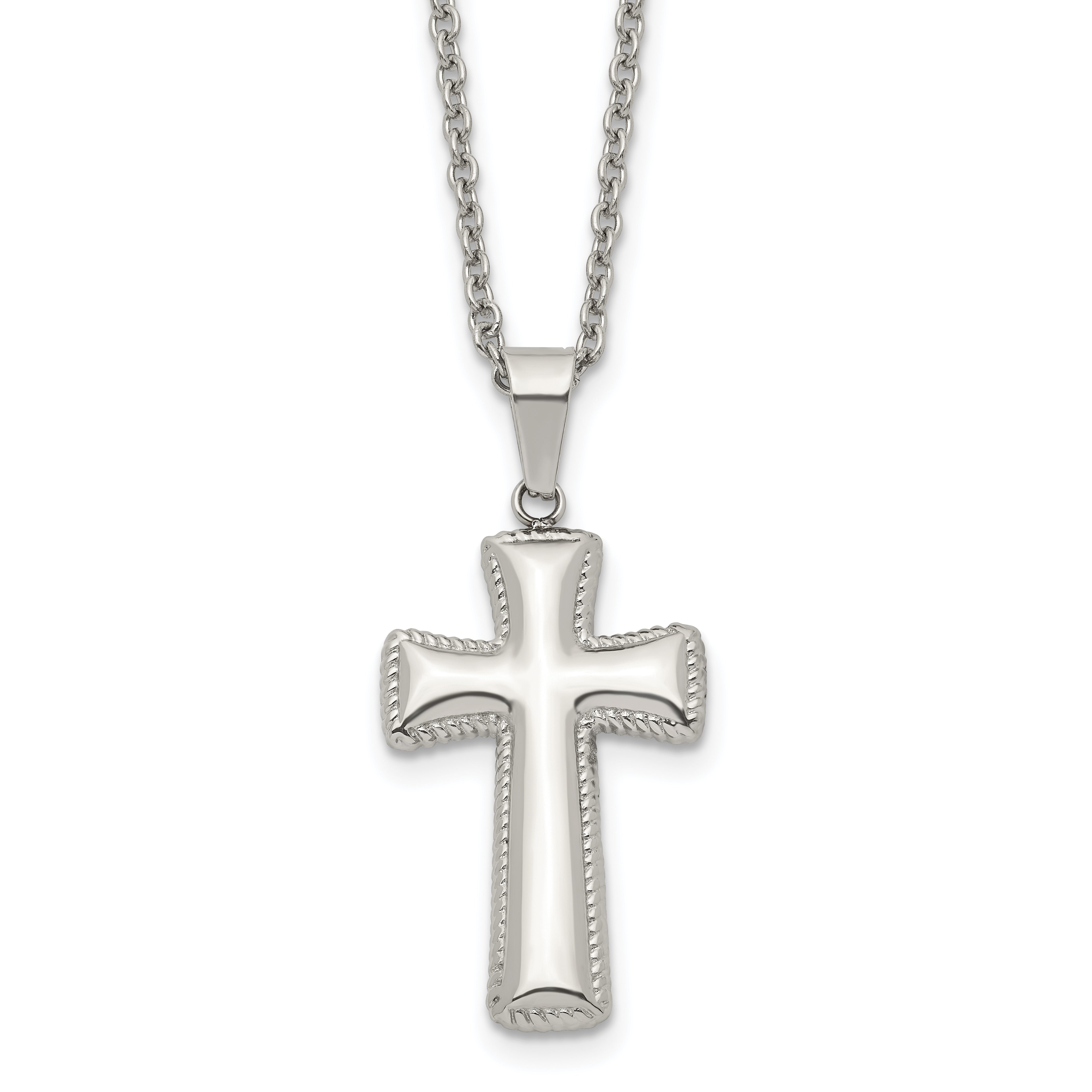 Chisel Stainless Steel Polished Medium Pillow Cross Pendant on an 18 inch Cable Chain Necklace