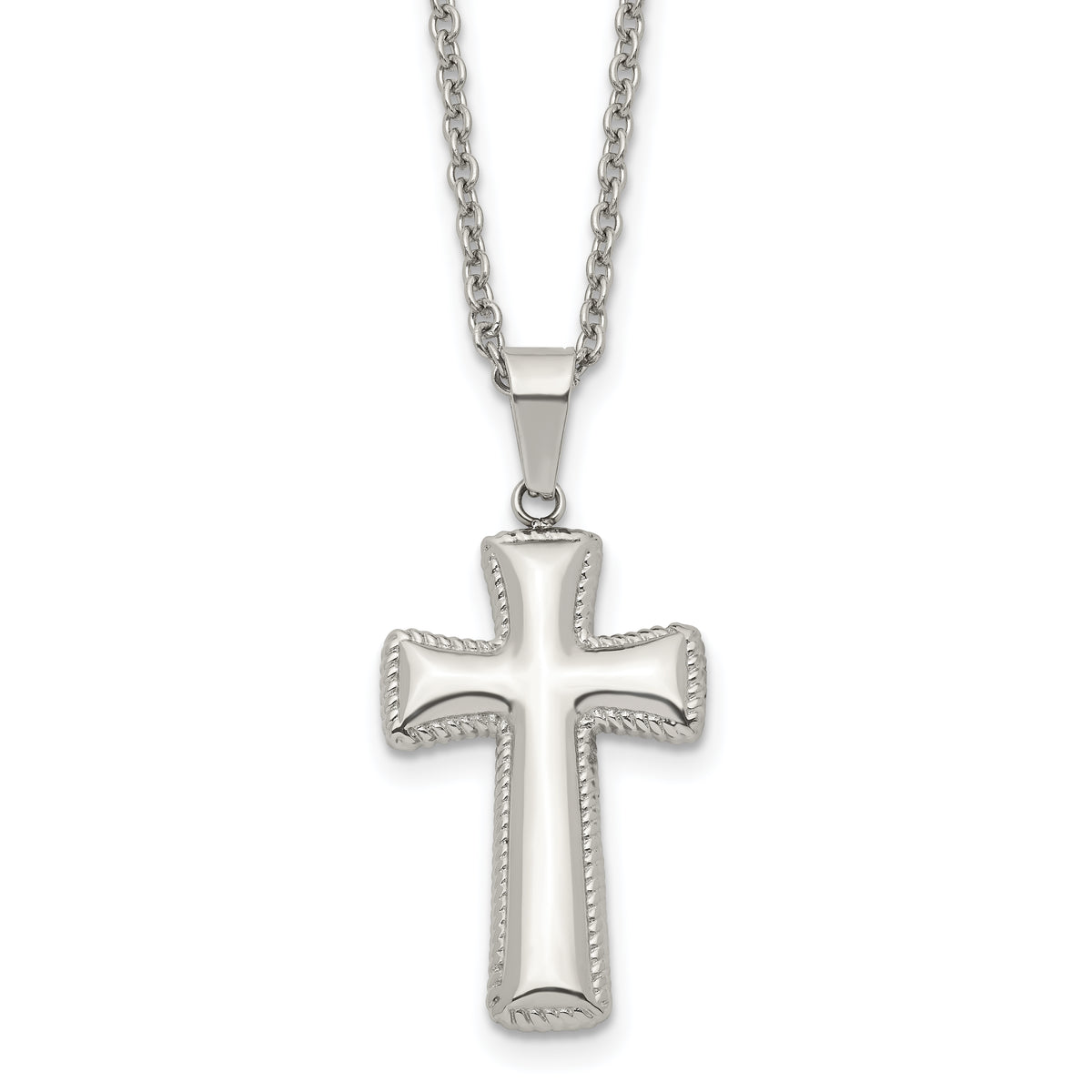 Chisel Stainless Steel Polished Medium Pillow Cross Pendant on an 18 inch Cable Chain Necklace