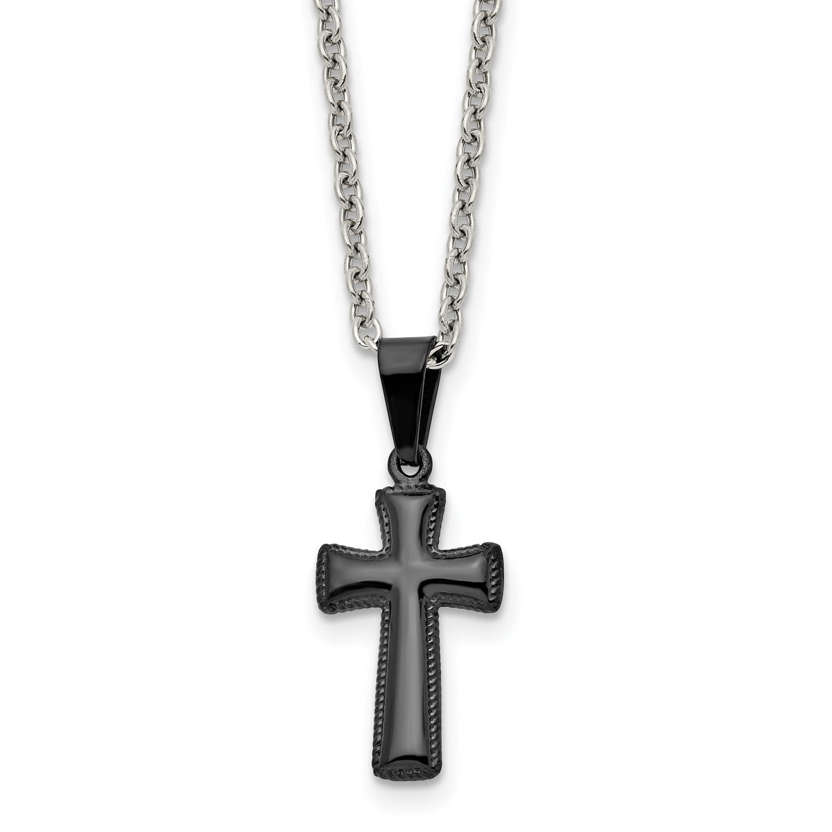 Chisel Stainless Steel Polished Black IP-plated Small Pillow Cross Pendant on a 16 inch Cable Chain Necklace