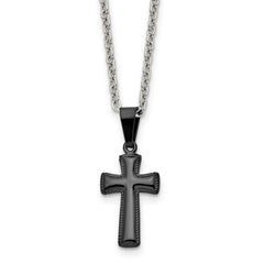 Chisel Stainless Steel Polished Black IP-plated Small Pillow Cross Pendant on a 16 inch Cable Chain Necklace