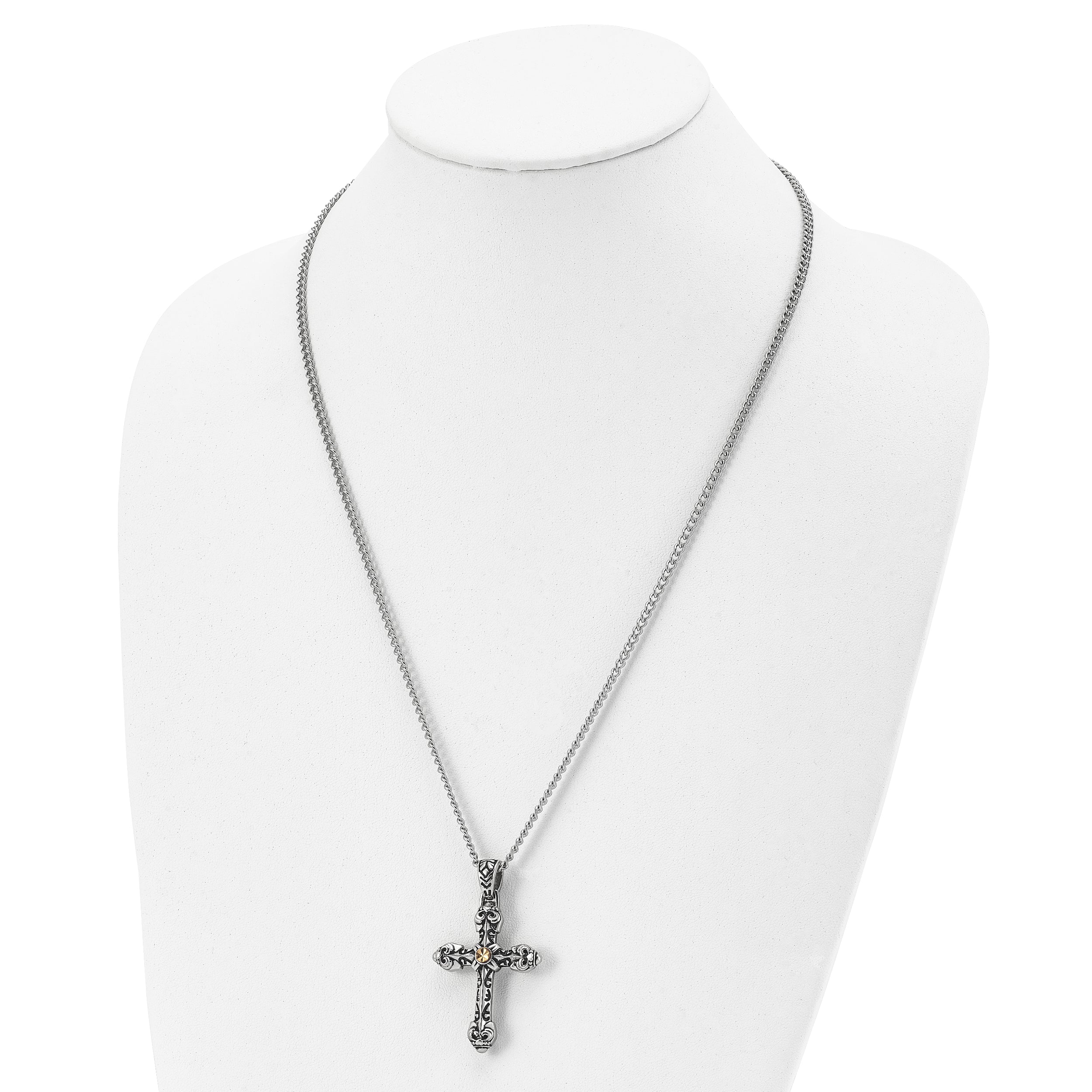 Stainless Steel Antiqued and Polished Yellow IP-plated Cross 24in Necklace