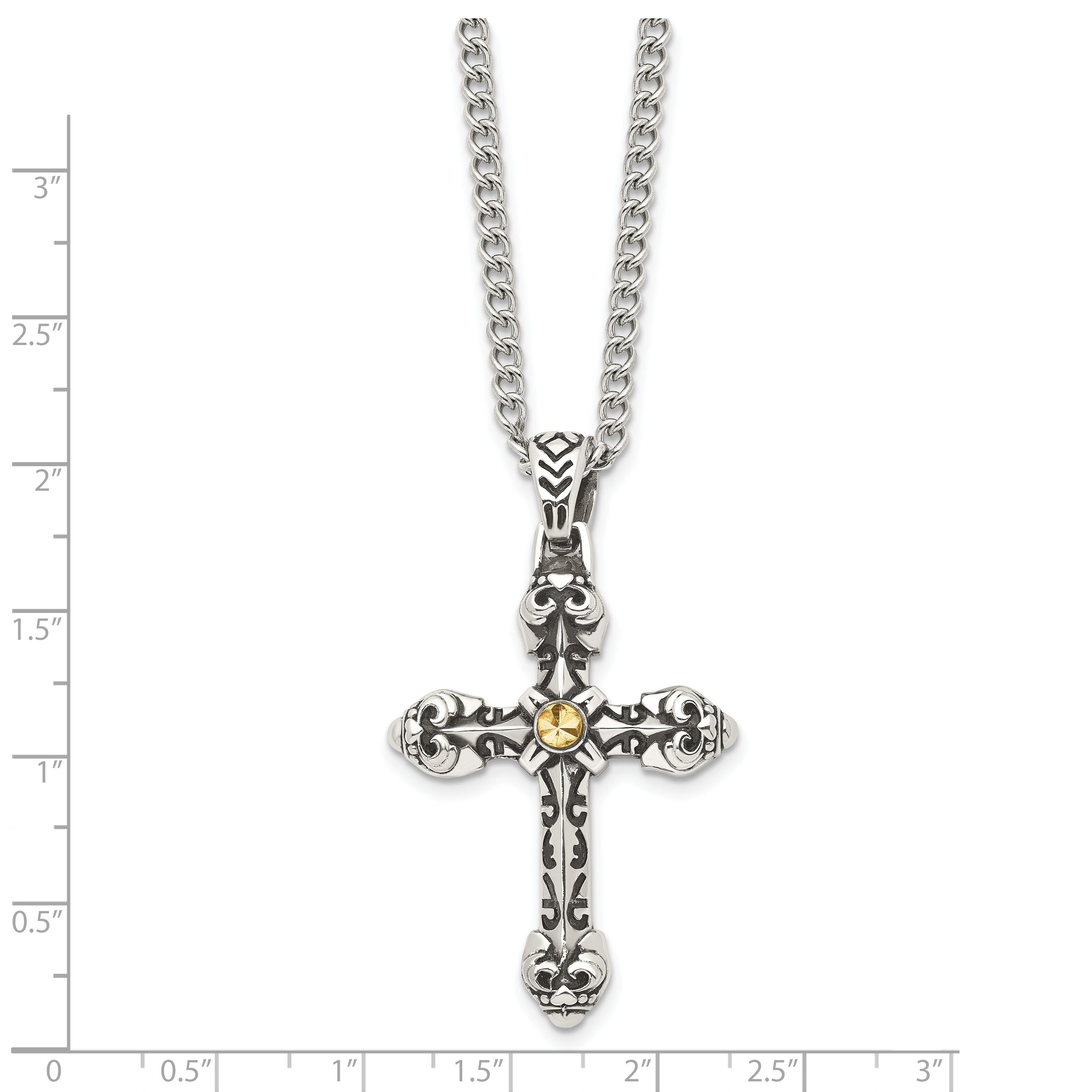 Stainless Steel Antiqued and Polished Yellow IP-plated Cross 24in Necklace