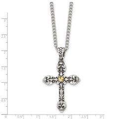 Stainless Steel Antiqued and Polished Yellow IP-plated Cross 24in Necklace